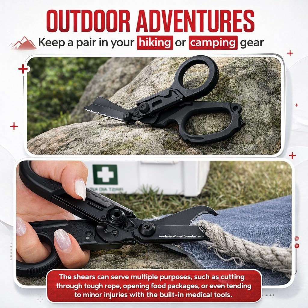 Trauma Shears Tactical 6 In1 Scissors,Heavy Duty Stainless Steel Foldable Outdoor Camping Rescue Scissors, with Glass Breaker, Strap Cutter with Holster Mini Wrench & Cover