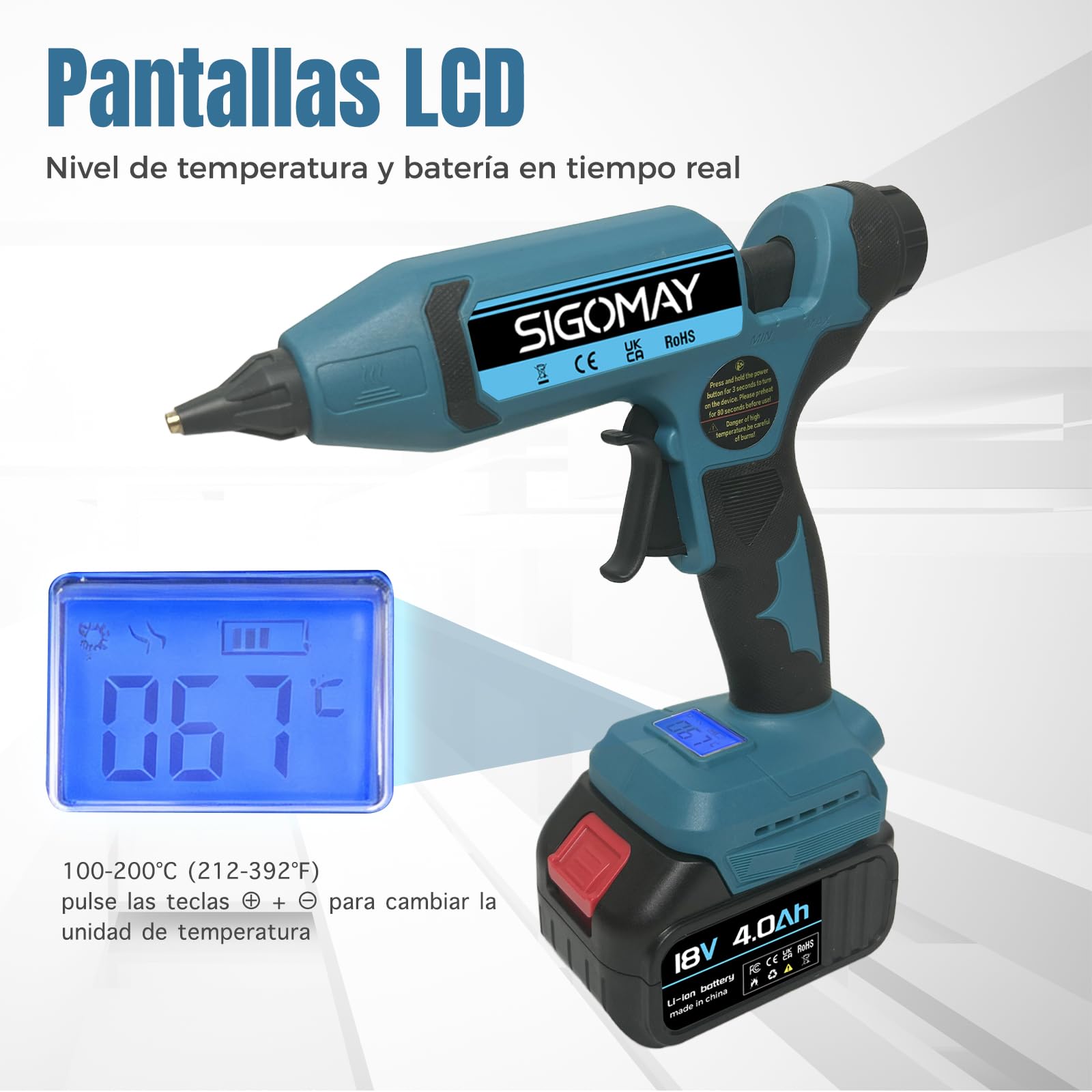 Pistola de Silicona Caliente Inalámbrica 110W, Kit con 2x Baterías 4.0Ah, Pantalla LCD con Control de Temperatura y Batería, Función de Memoria, 100-200°C, Compatible con Batería Makita 18V