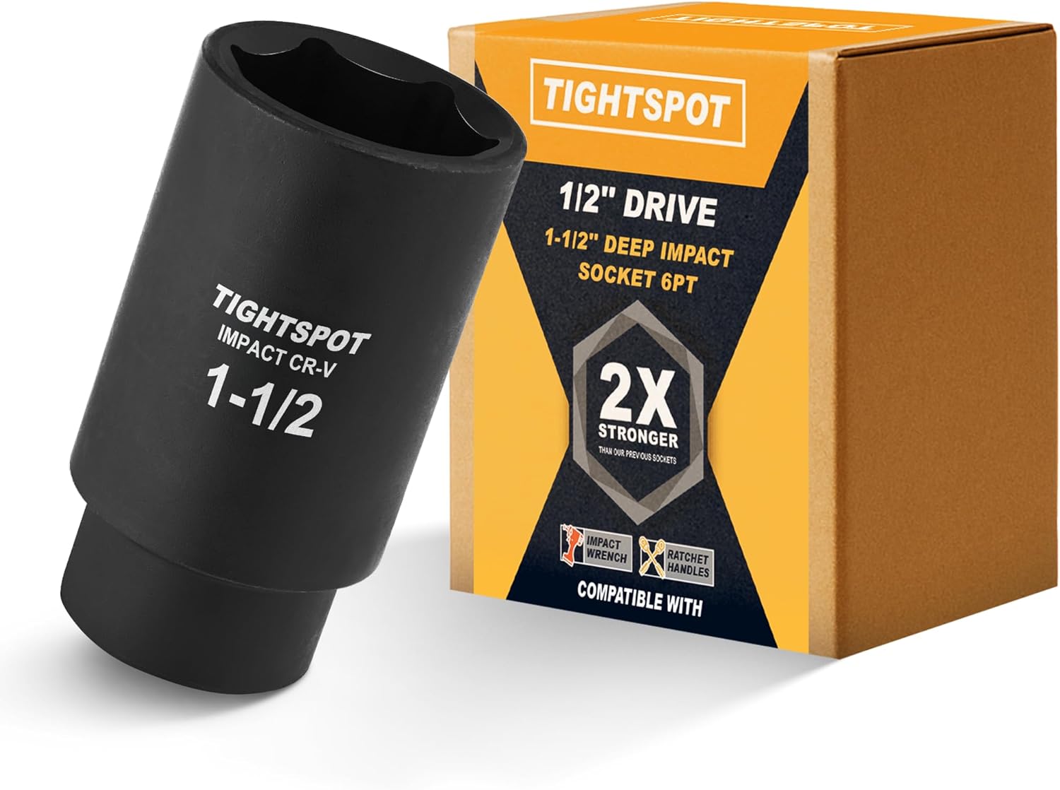 TIGHTSPOT 1/2 Inch Drive 1-1/2 Inch Deep Impact Socket with Anti-Rounding 6 Point Design, Heat-Treated CRV Steel