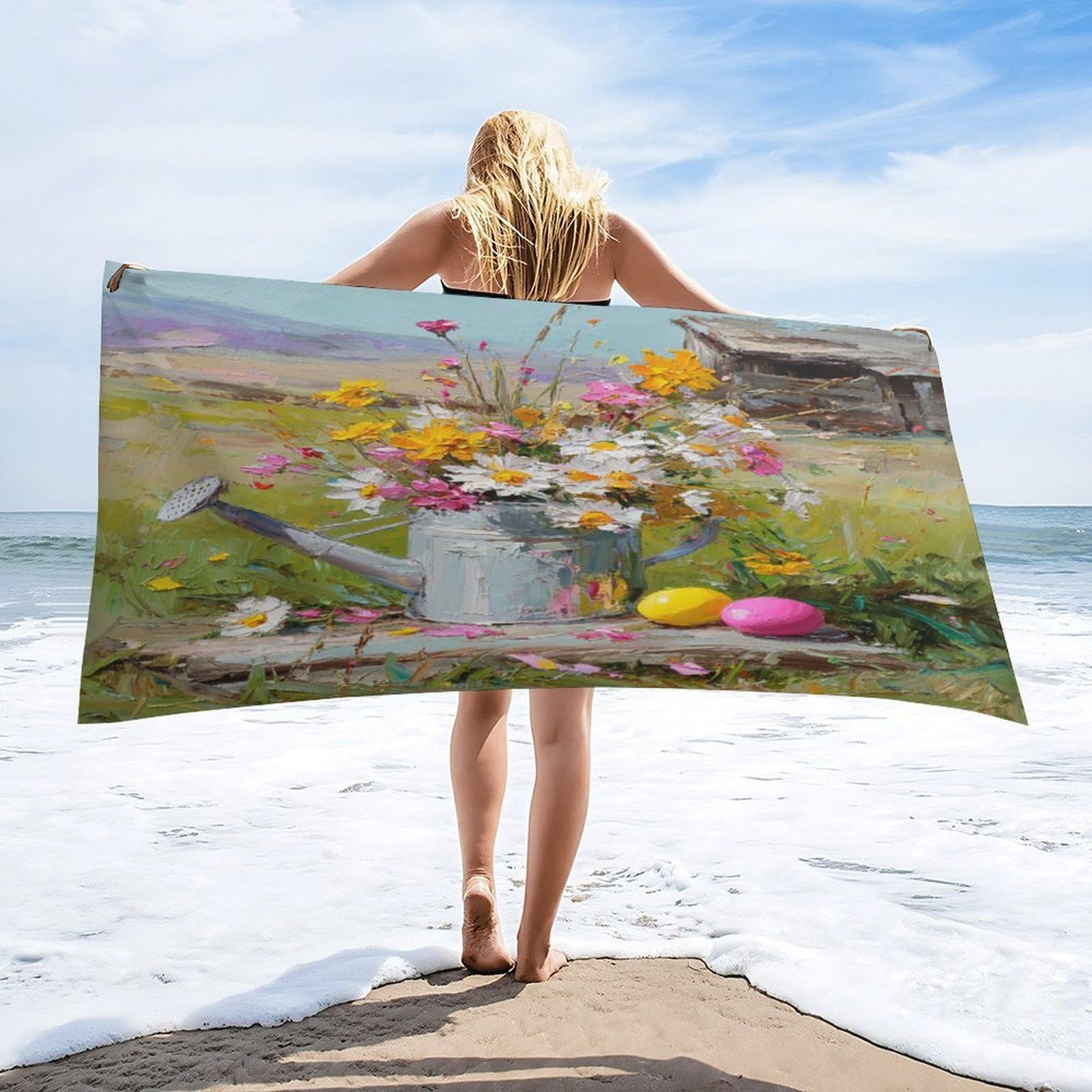 Luyysky Vintage Aesthetic Daisies Flowers Quick-Drying Beach Towel, Classic Fantasy Spring Mountain Log Cabin Barn Travel Vacation Single Sided Pile Bathroom Towels-80 W Cm X 160" L Cm