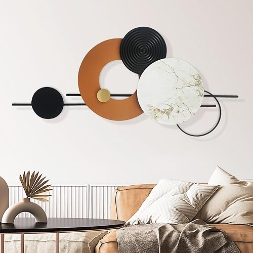 BECHAEO Decoración de pared de metal grande 3D para sala de estar, 40 x 19 pulgadas, detalles de pared redondos, esculturas de pared modernas de