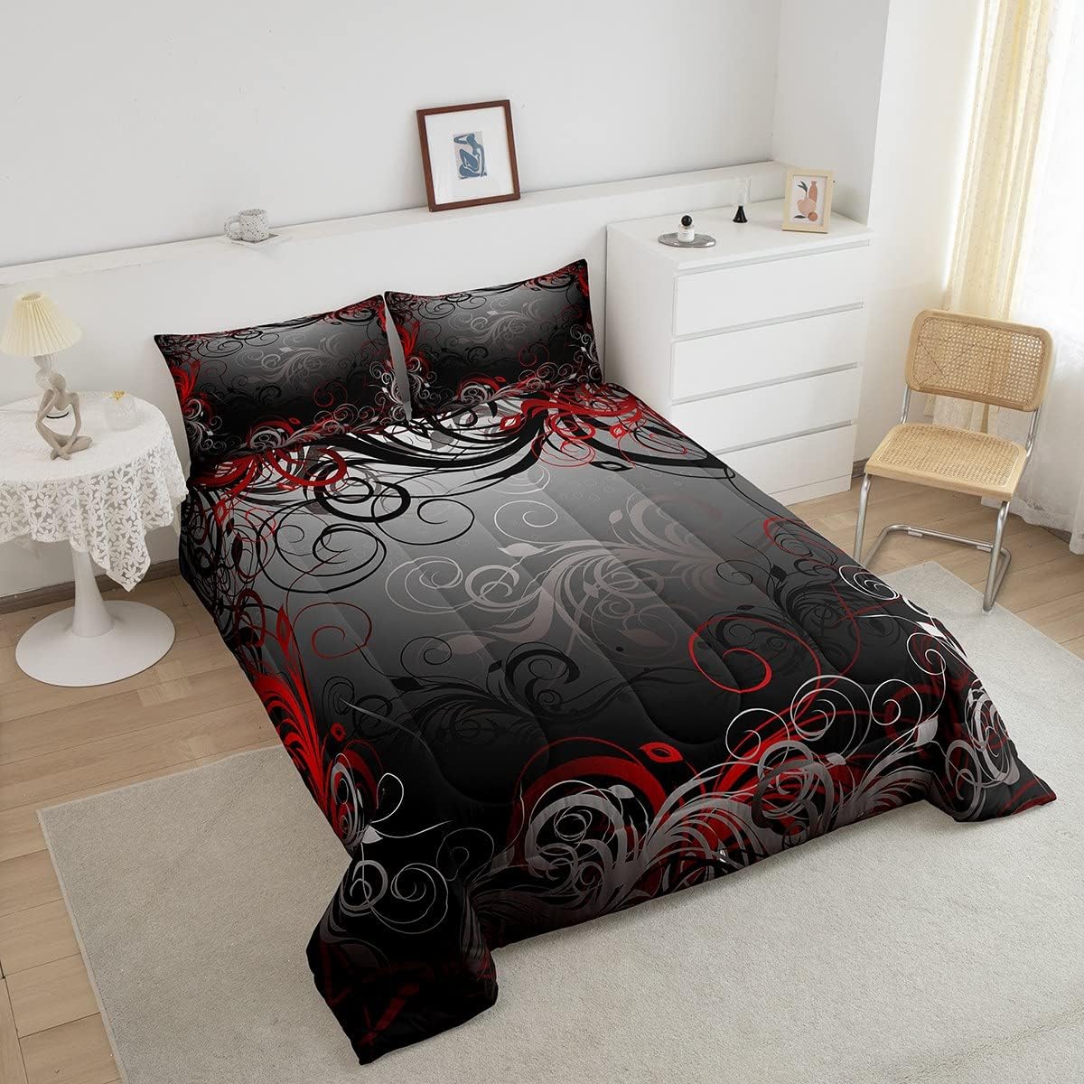 Homewish Gray Floral Swirls Comforter Set Queen Size,Gothic Leaf Bedding Set 3pcs for Kids Teens Adult Room Decor, Abstract Mystic Trippy Quilt Set Black Red Duvet Insert with 2 Pillowcases