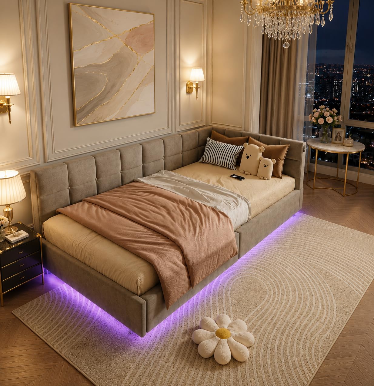 Hydrauliquet rozkładana sofa 90 x 200 cm, łóżko bagażowe 90 x 200 z LED i gniazdem USB, aksamitna tkanina, 1-osobowa sofa łóżko pojedyncze ze stelażem na listwę, rama łóżka dla dzieci i młodzieży