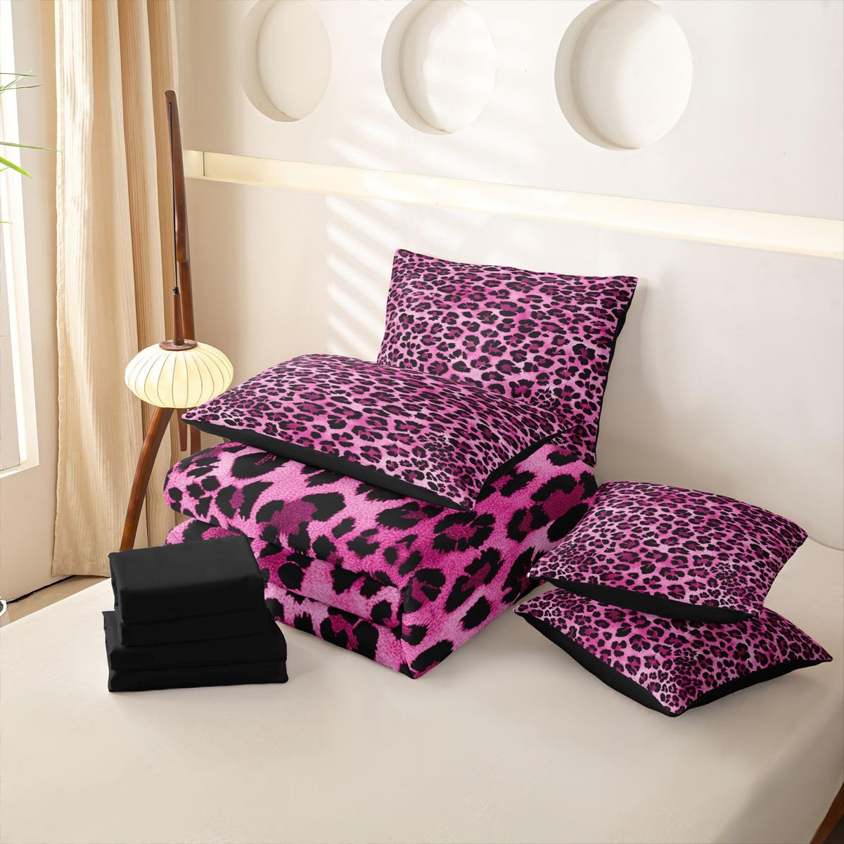 Loussiesd Set completo di biancheria da letto con copripiumino rosa leopardato per letto singolo, 7 pezzi, con stampa animalier, copripiumino, lenzuola, federe, federe