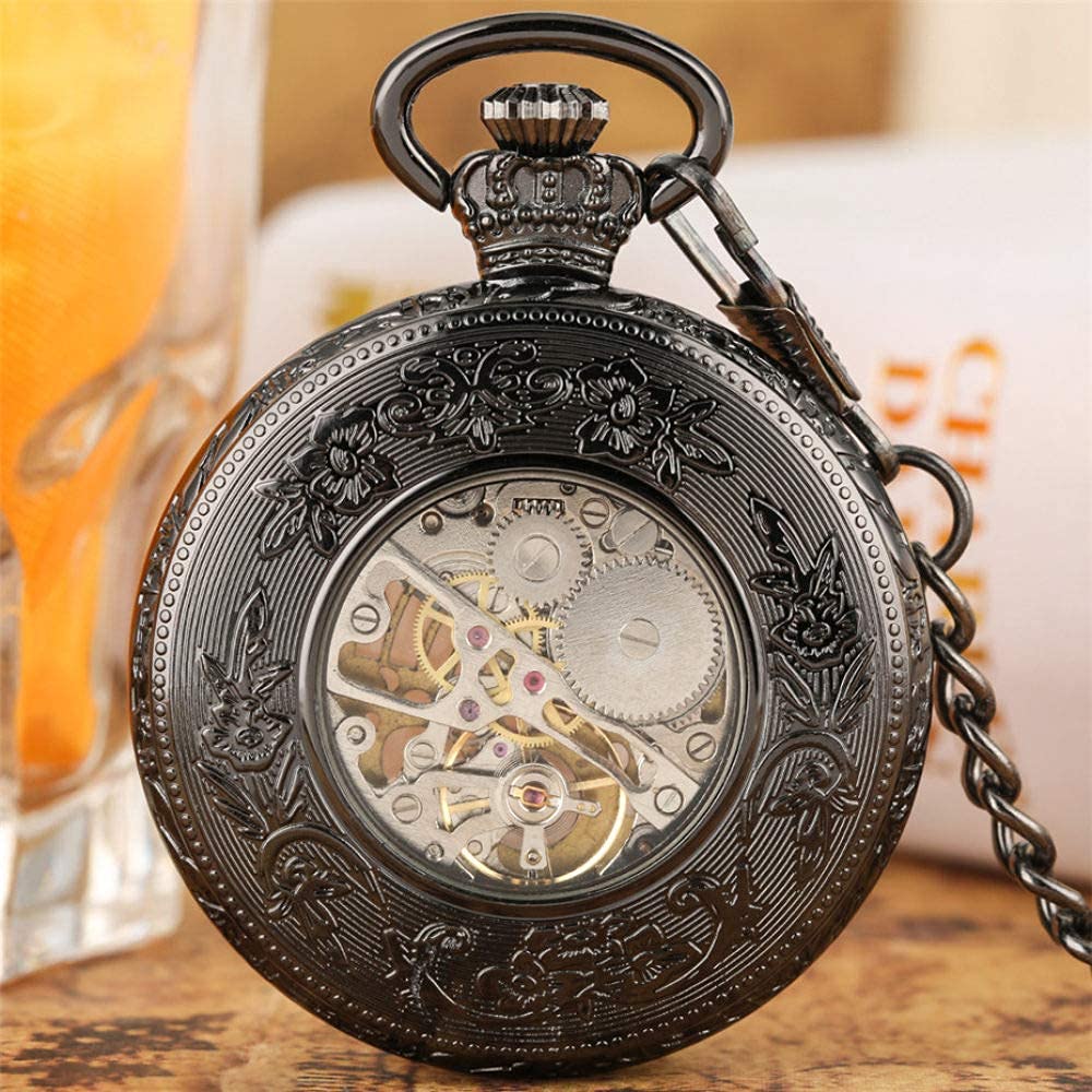 Montre de poche sculptée classique montres-bracelets Fob Watchk, montre mécanique rétro à remontage manuel chiffres romains affichage squelette Steampunk Fob pendentif horloge montres Vintage noir