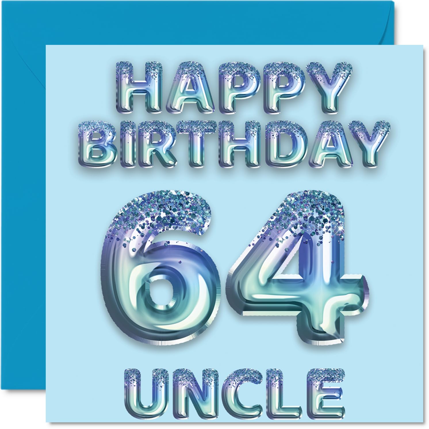 64th Birthday Card for Uncle - Blue Glitter Party Balloons - Happy Birthday Cards for 64 Year Old Uncle from Nephew Niece, 145mm Bday Greeting Cards Gift
