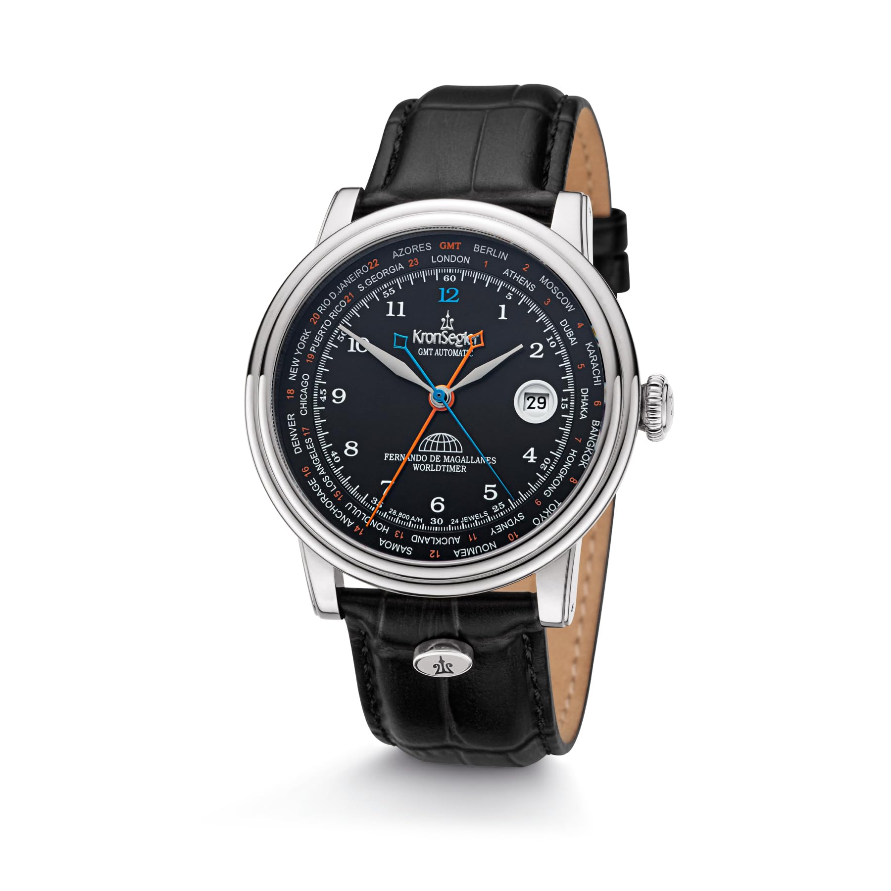 Kronsegler Fernando de Magallanes Herrenuhr Stahl - schwarz | Automatikuhr mit True GMT - zweite Zeitzone | mit Saphirglas, Lederband und Faltschließe