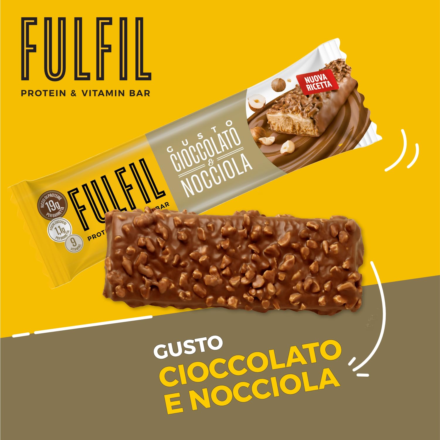FULFIL - 15 Barrette Proteiche da 55 Grammi, Gusto Cioccolato e Nocciola con 9 Vitamine e Pochi Zuccheri, Confezione da 825 Grammi