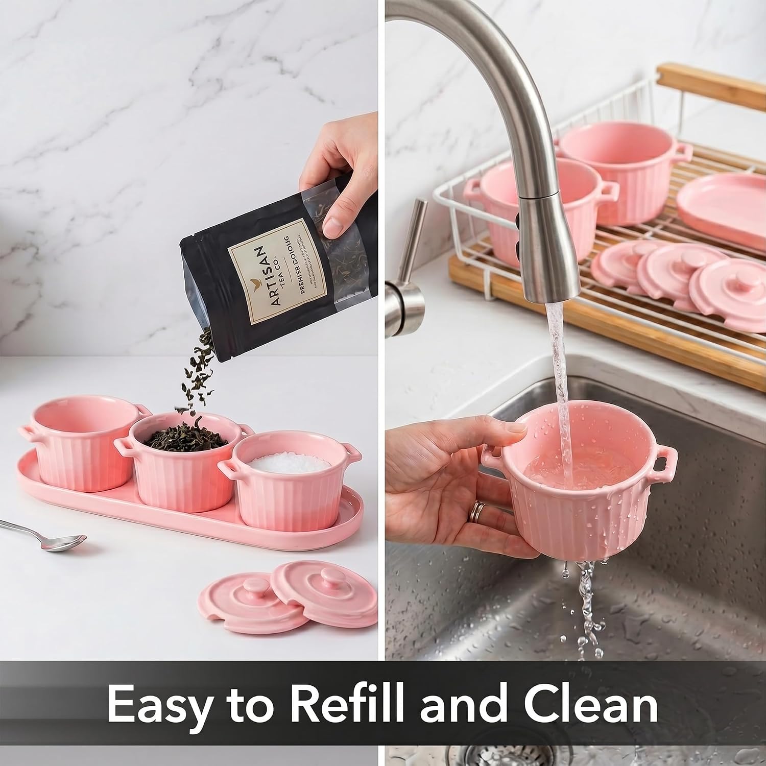 OVENTE Ceramic Condiment Jar Spice Container Set with Tray, Pink BW11031P
