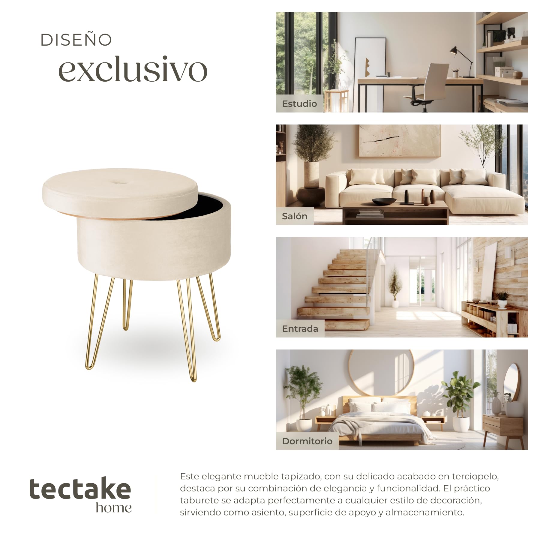tectake® Elegante Taburete Redondo Aterciopelado con Espacio de Almacenamiento, Capacidad de Carga 300 kg, Mueble Auxiliar Dormitorio, Puff Salon, Taburete Dormitorio, Puff almacenaje - Crema