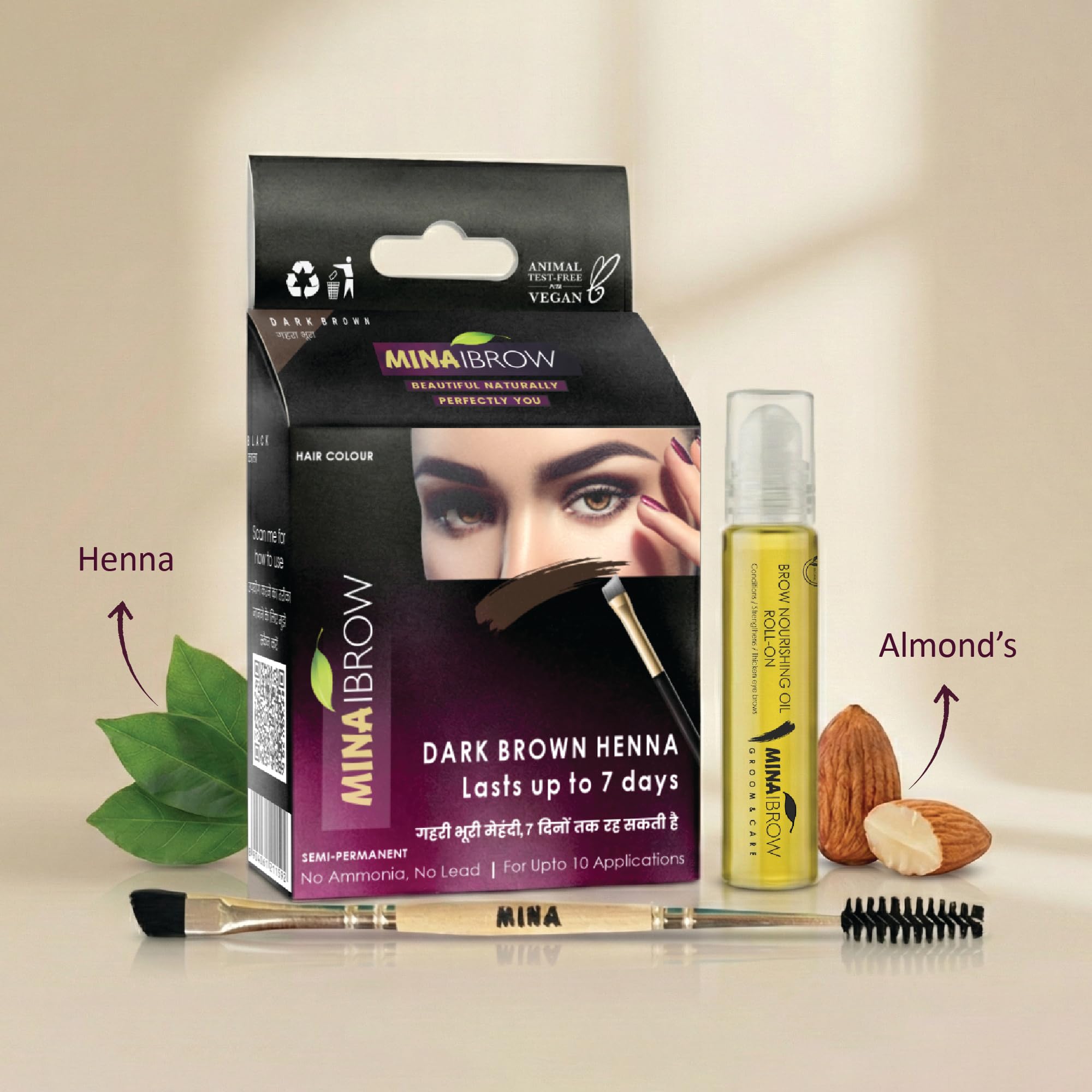 MinaiBrow Tint Kit Natural Spot Coloring Brow Tinting Powder (Dark Brown) with Eyebrow Nourishing Oil (10 ML) and Mascara Brush