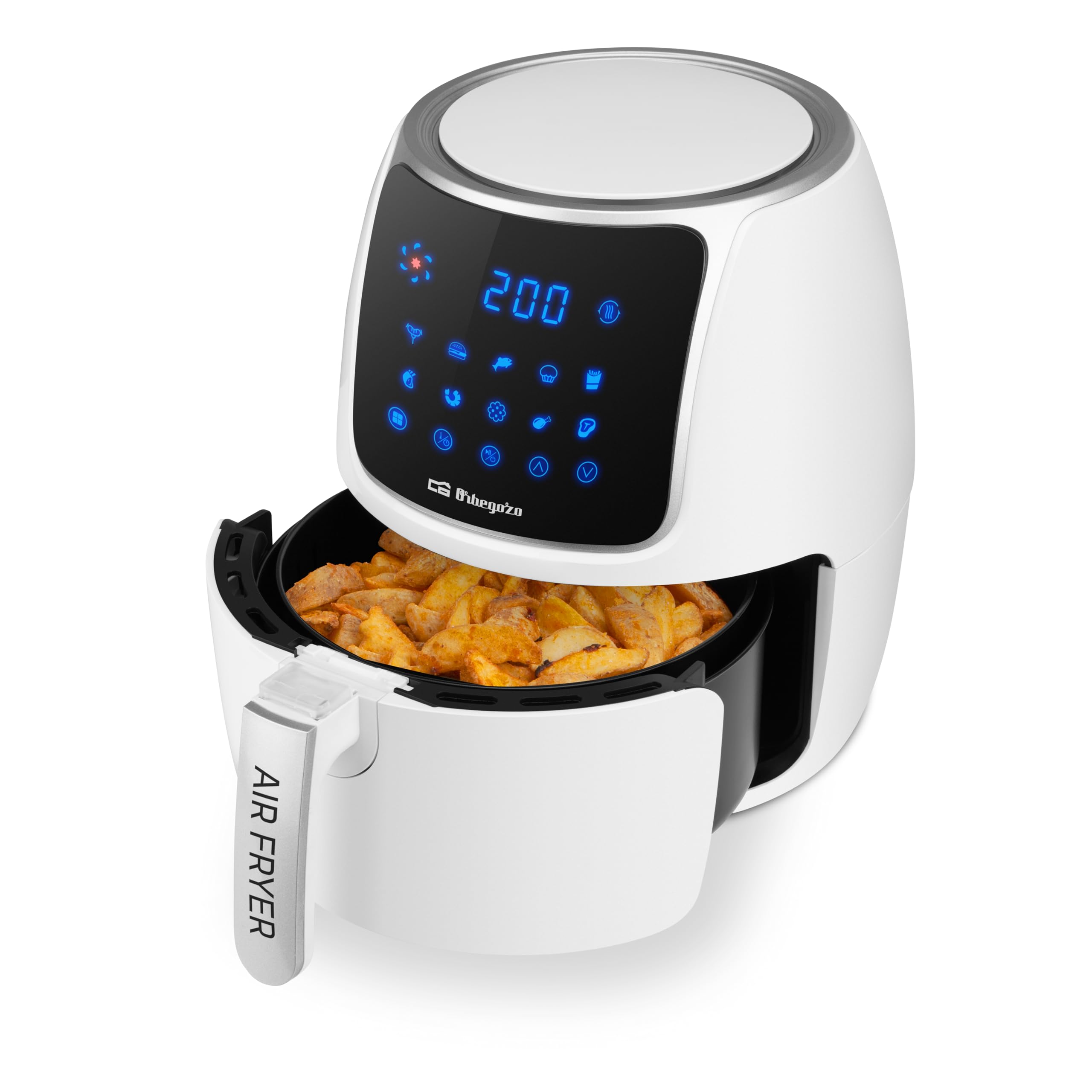 Orbegozo FDR 64 Freidora de Aire 4L, 1500W, 10 Programas, Pantalla LED Táctil, Termostato Digital hasta 200°C, Temporizador 60 min, Cubeta Extraíble Apta Lavavajillas, Sin BPA
