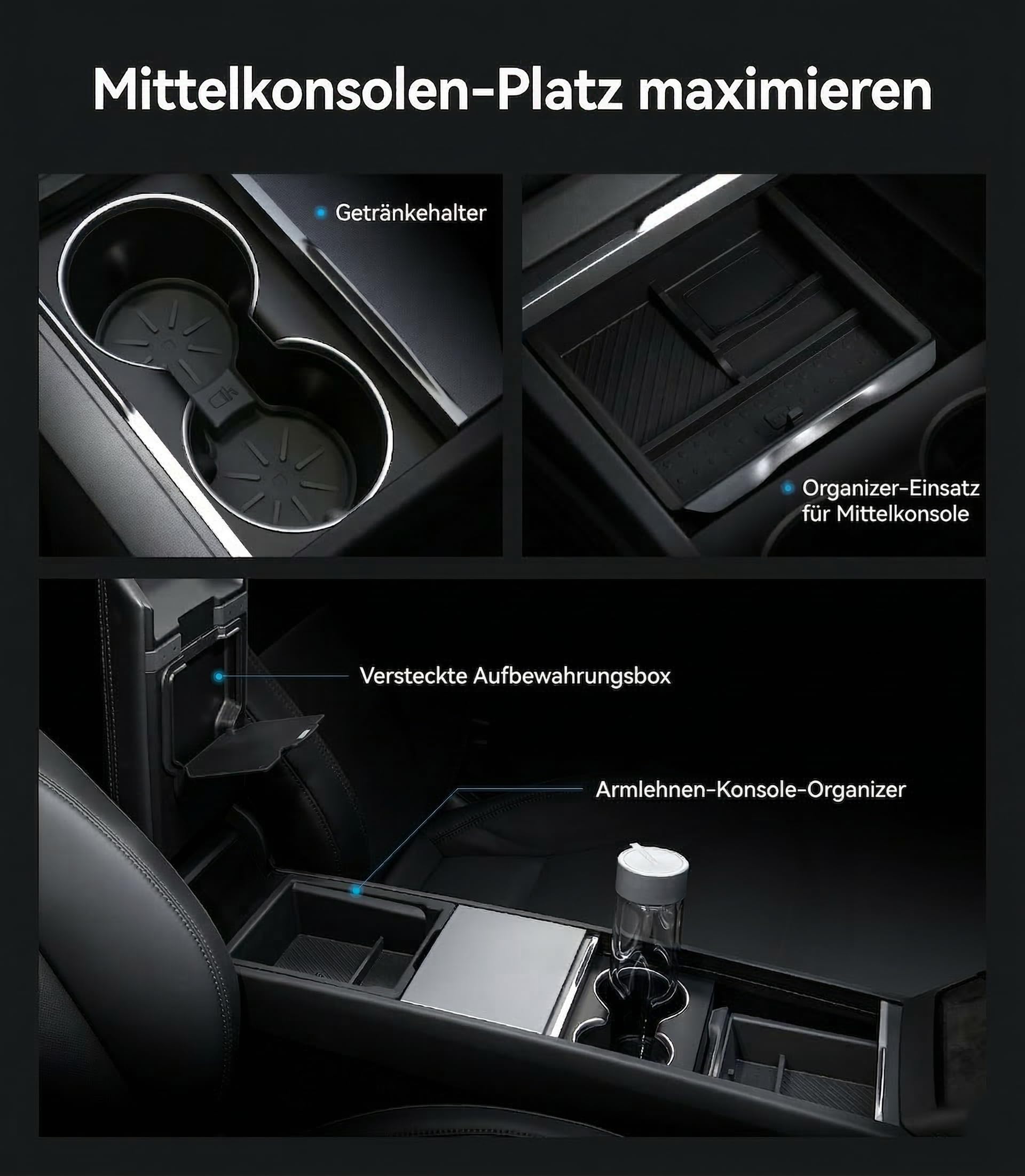Wigoo Mittelkonsole-Organizer für Tesla Model Y Juniper (nur Premium & Performance 2025–2026) und alle Model 3 Highland Zubehörteile [Doppellagiger Stauraum, sanftes Gleiten], 4-teilig, Schwarz