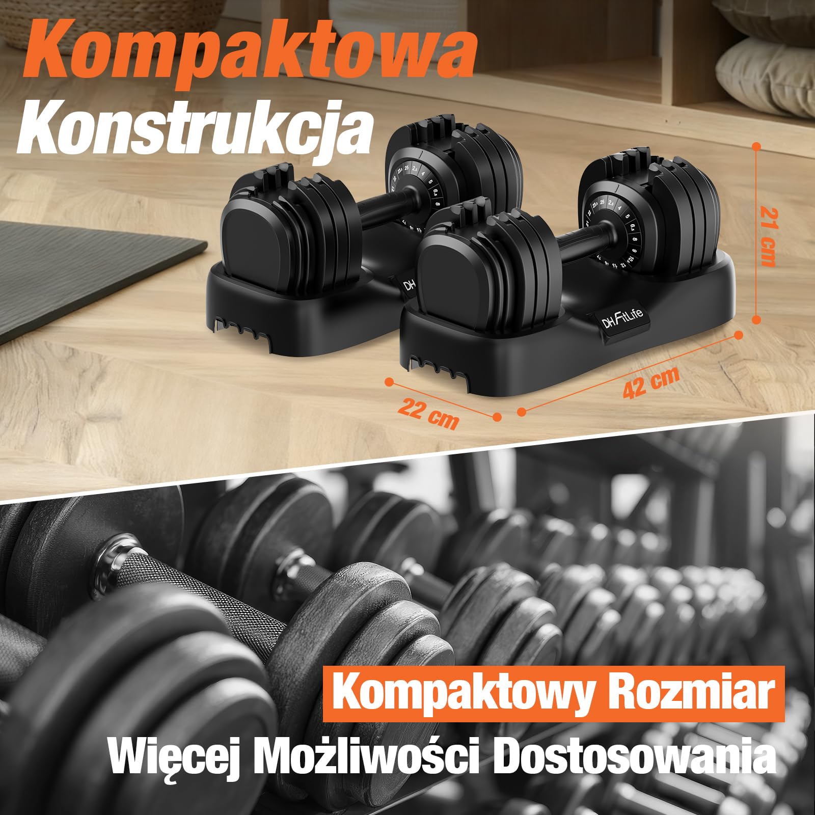 DH FitLife 2026 Nowy Zestaw Hantli – Regulowane Hantle Krótkie 2,5–25 kg z 18 Poziomami Wagi | Zestaw Hantli Krótkich z Obciążeniem | Dumbbell Set dla Mężczyzn i Kobiet