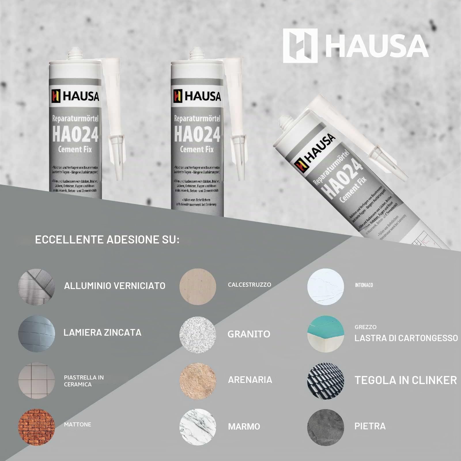HAUSA Mortiere di Riparazione Cement Fix HA024 Mortiere Pronta all'Uso per Stuccature Riempimento di Crepe e Fissature Cemento Rapido per Interno ed Esterno Grigio Cemento 4x 310 ml
