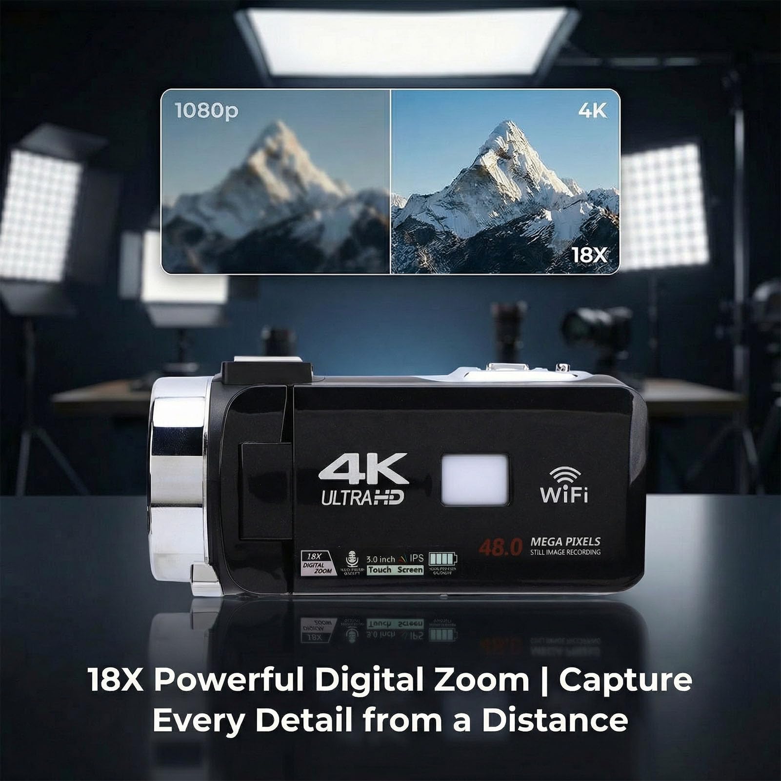 KIMISS Videocamera 4K, Videocamera Video Digitale 48MP Zoom Digitale 18x 3,0 Pollici 270 Flip Screen WiFi Touchscreen Time Lapse Rallentatore per