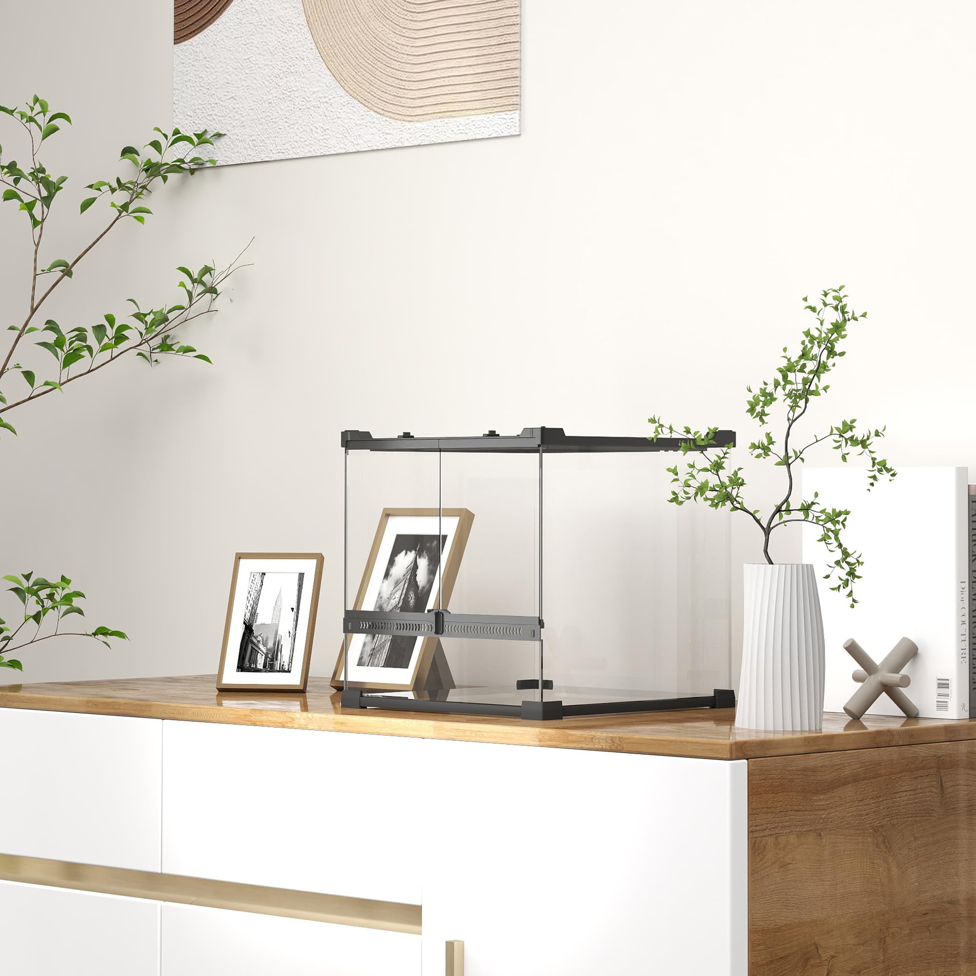 PawHut Terrario per rettili, terrario in vetro, 24 l, contenitore di alimentazione rettile, con ventilazione frontale, tappo a vite per anfibi ragno, nero, 30 x 30 x 30 x 30 cm