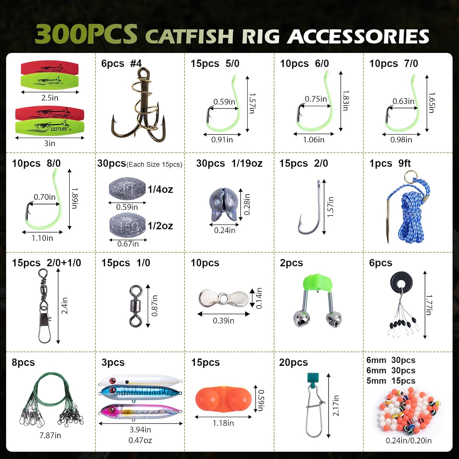 Goture Catfish Rig Making Kit,274pcs/300pcs Catfishing Tackle with Luminous Fishing Hook Swivel Sinker Weights Rattle Float Bobber Stoppers,Catfish Rigs Accessories with 3600 Tackle Box,Gifts for Men