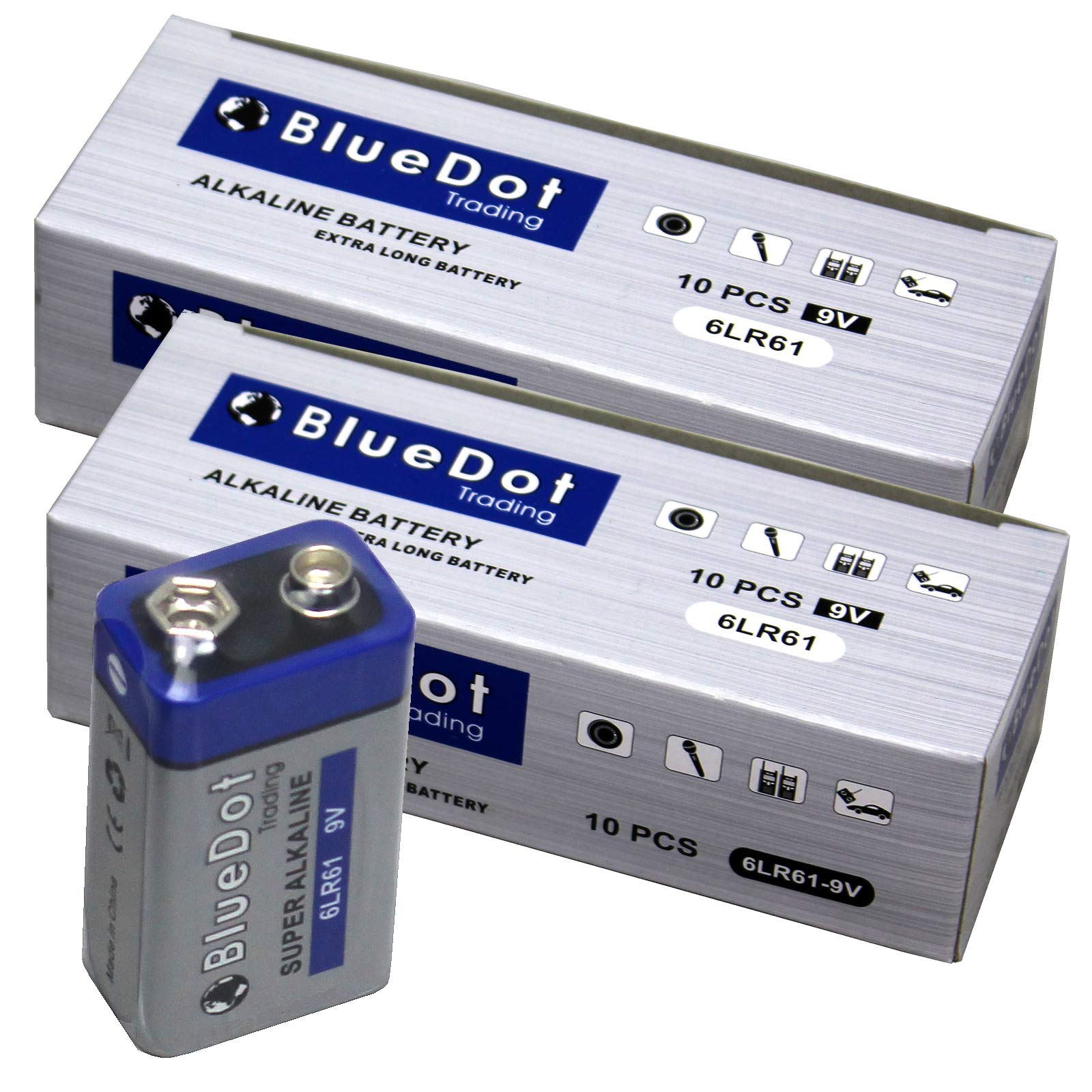 BlueDot Trading Heavy Duty 9V 9 Volt Alkaline Batteries - Value Bulk Packs of Individually Wrapped Batteries for Smoke and Carbon Monoxide Detectors, Security Devices, and Fire Alarms (20 Batteries)