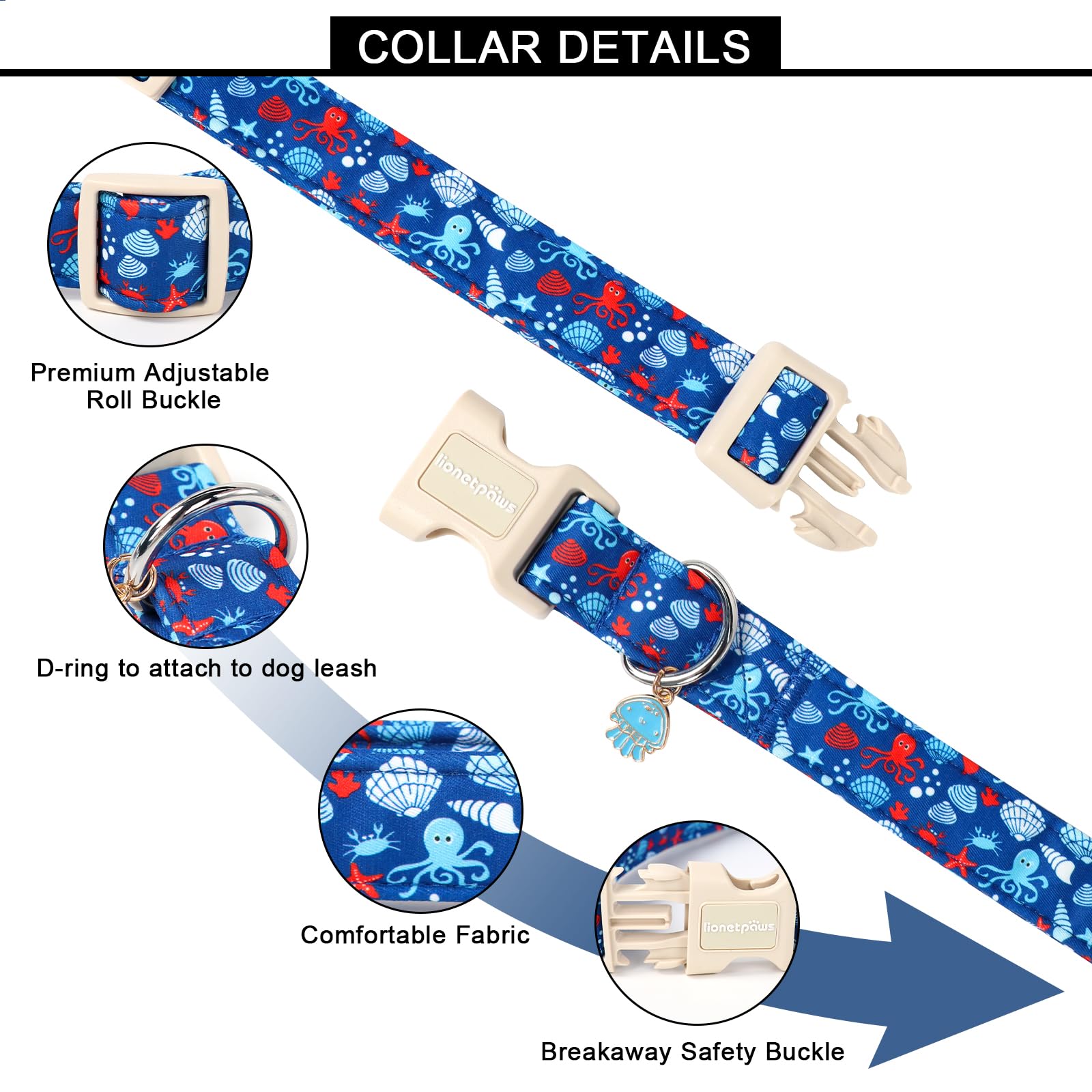 Lionet Paws Summer Blue Dog Collar- Cute Sea Shell Dog Collars with Plastic Buckle and Octopus Pendant - Image 2