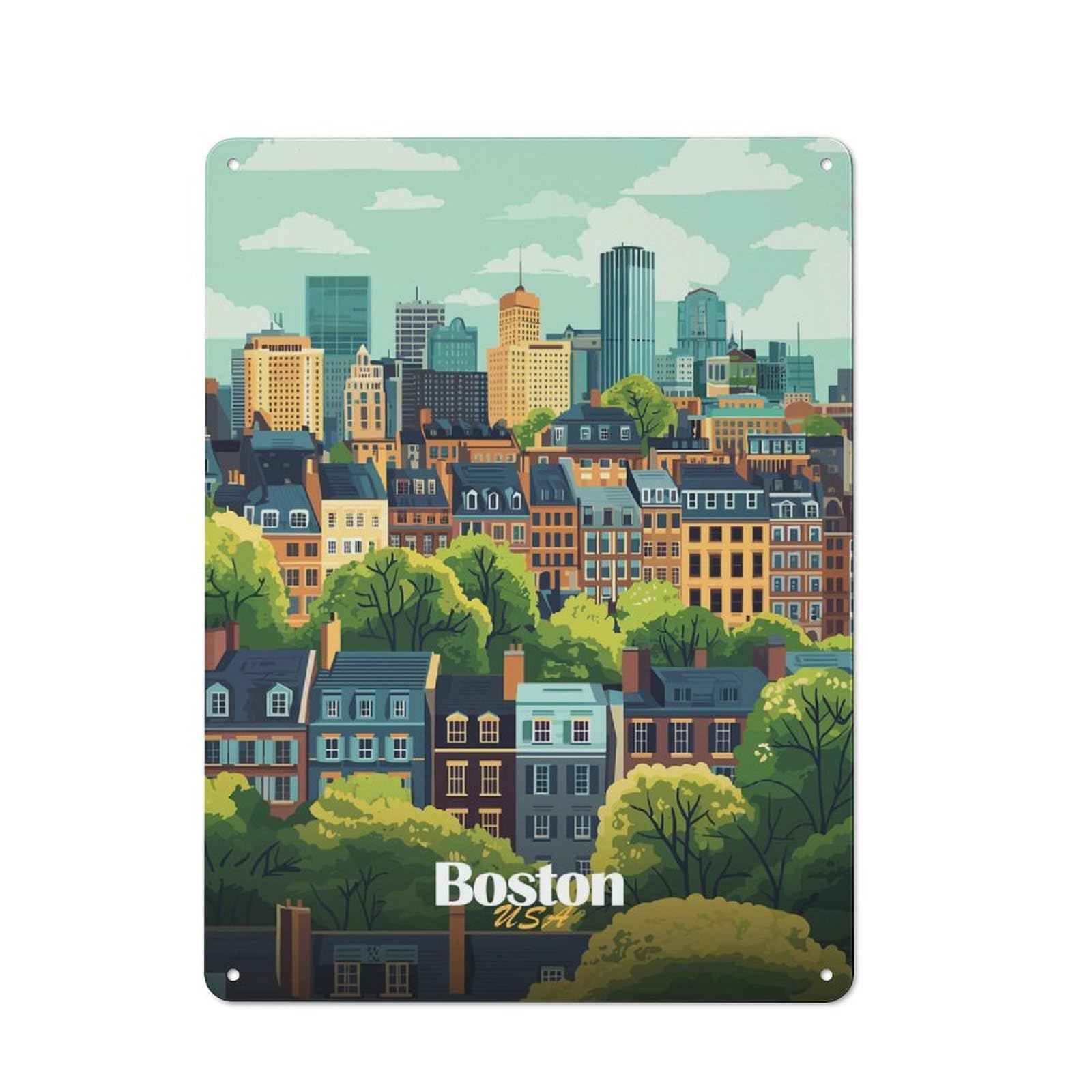 Junmoney Style Boston Skyline Illustration Vintage Tin Sign 40X30cm For Café Or Restaurant, Suited To Café Owners And Decorators