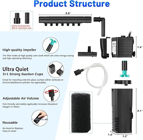 Aquarium Filter Small Betta Fish Tank Filter for 2-15 Gallon Silent 4-in-1 Adjustable Air Flow Fish Turtle Shrimp Tank Filter Submersible Aquarium Internal Filter 79 GPH Biochemical Rainwater(HJ-411B)