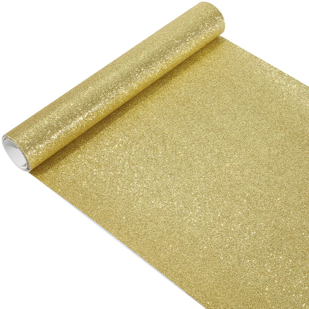 CALFOVERA 137 x 30cm Glitter PU Leather Sheets Solid Shiny Fabric Sparkly Superfine PU Leather Sparkle Rolls for DIY Crafts Patchwork Wedding Sewing Making Earrings Decorations (Gold)