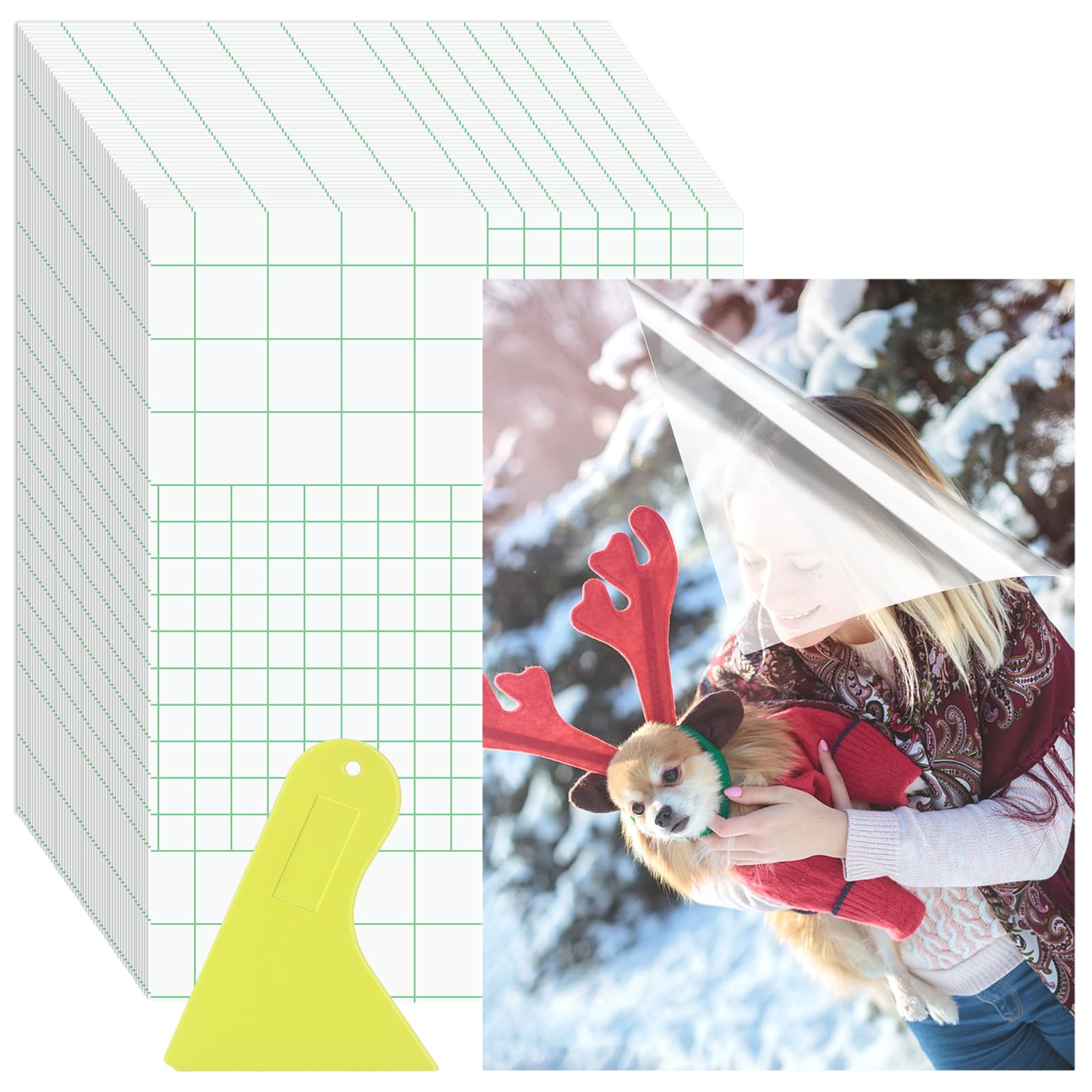 Poeland 50pcs Self Sealing Laminating Sheets, Each Sheet for 1 Side, 8 x 6 Inches Self Adhesive Clear Laminate Sheet with Scraper, No Machine Laminate Sheets for Card, Photo