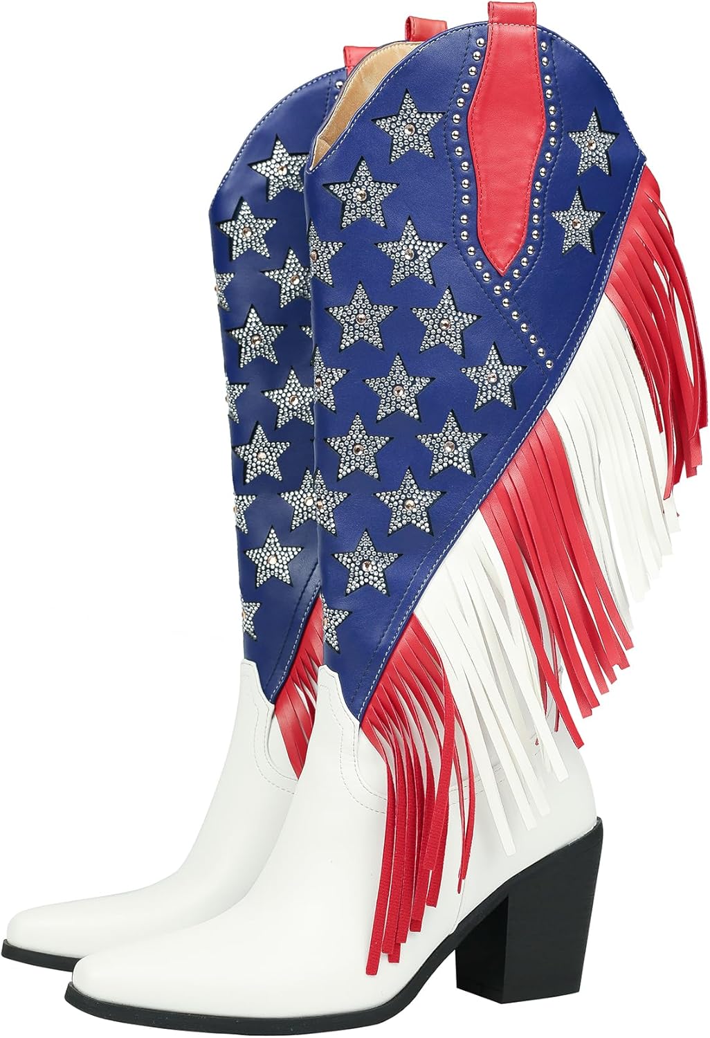 DETOGNI Women's Fringes American Flag Mid-Calf Western Boots Sparkling Stars Rhinestones Tassels Chunky Heels Cowboy Boots