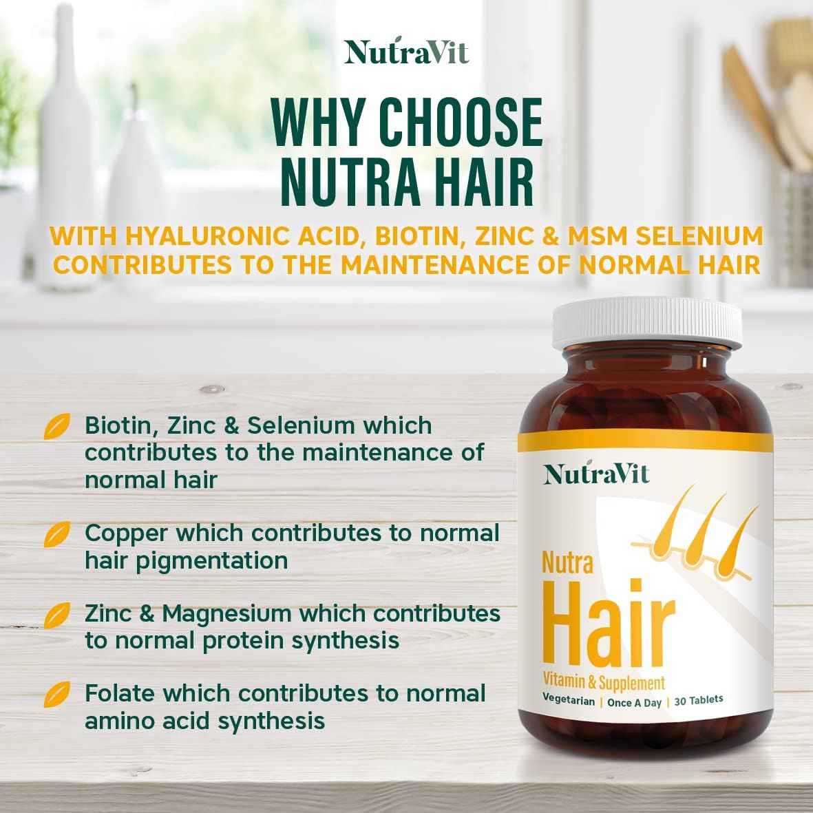 NUTRA Hair Hair Vitamins30 High Stength Tablets Biotin, Zinc, MSM