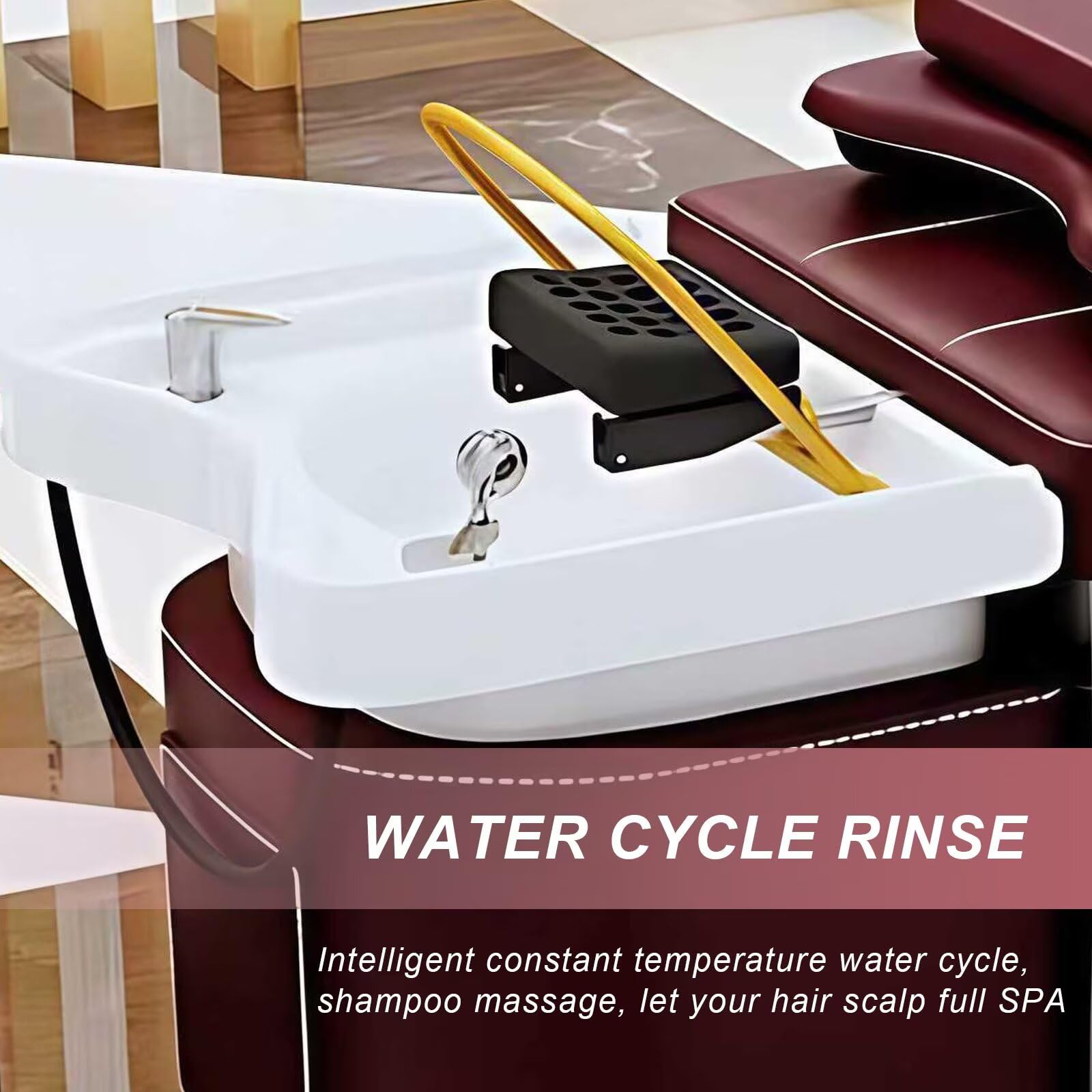 Professionelle Salon-Shampoo-Massageliege, Luxuriöse Kopf-Spa, Burgunderrotes Leder, mit Wasserfall-Kopf-Spa-Ausstattung, Begasungsset, Bedienfeld, Hocker