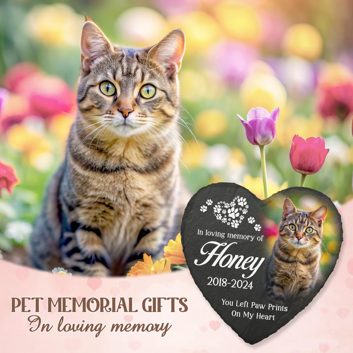 Personalized Pet Memorial Stone – Heart Shaped Grave Marker With Photo, Name & Dates For Dog Or Cat