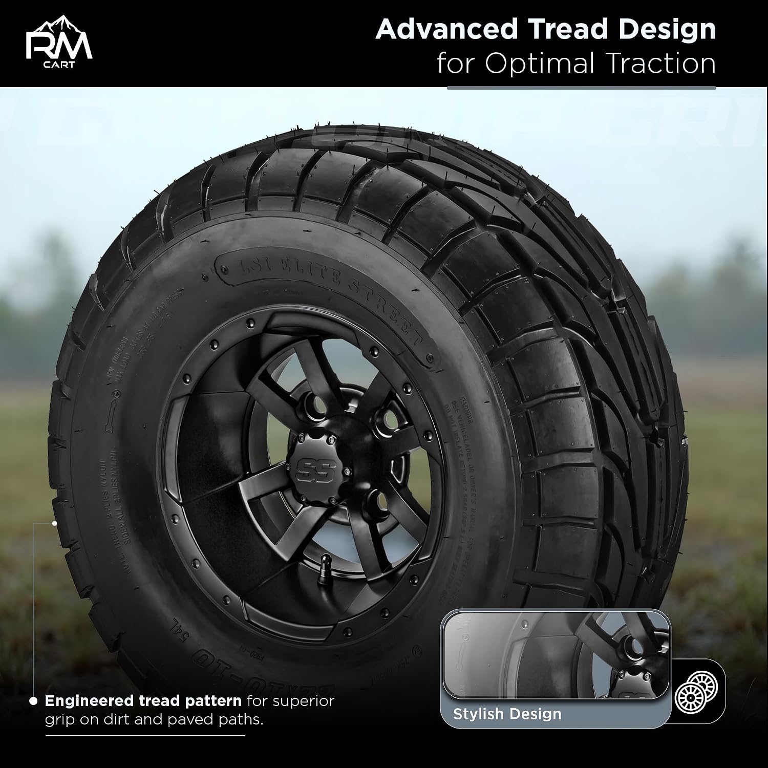 RM Cart 10" Maltese Cross Matte Black on 22x10-10 LSI Elite Street Tires (Set of 4) | Golf Cart Tires and Wheels Combo with Standard Lug Nuts