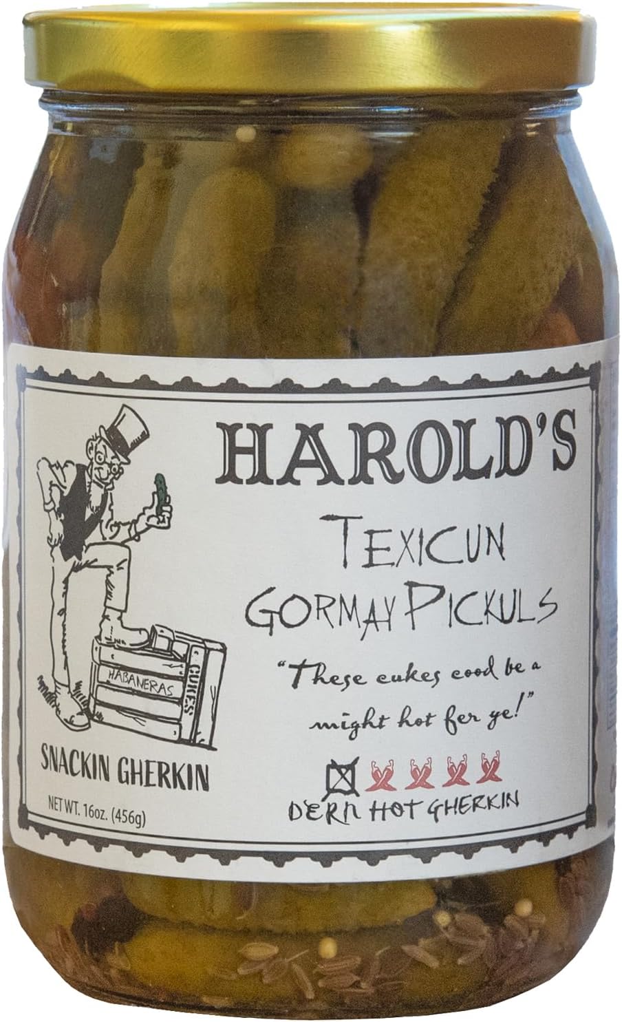 Harold's - Dern Hot Gherkin Pickles - Hot n Spicy Dill Gherkin Pickles - Award Winning Ingredients Packed With Fresh Garlic and Habanero - Made in Texas
