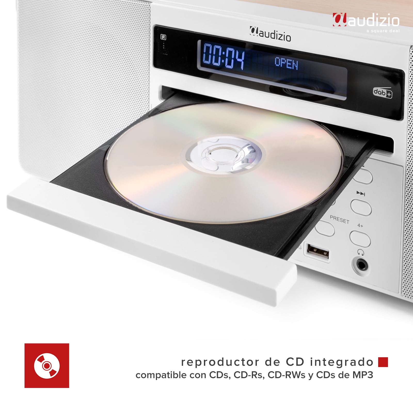 Audizio Prato Sistema Musical Todo-en-uno. Radio FM y Dab+, Bluetooth 4.0, USB, Reproductor de CD, Reloj, Alarma, Display con dimmer, presets de Sonido, Salida de Auriculares - Color Blanco