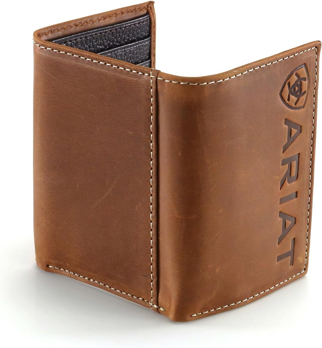 ARIAT Men’s Western Leather Trifold Wallet with Vertical Debossed Logo, Brown - Image 2