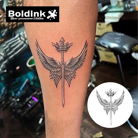 Crown Sword Temporary Tattoos For Men,Wings Semi-permanent Tattoos for Arm