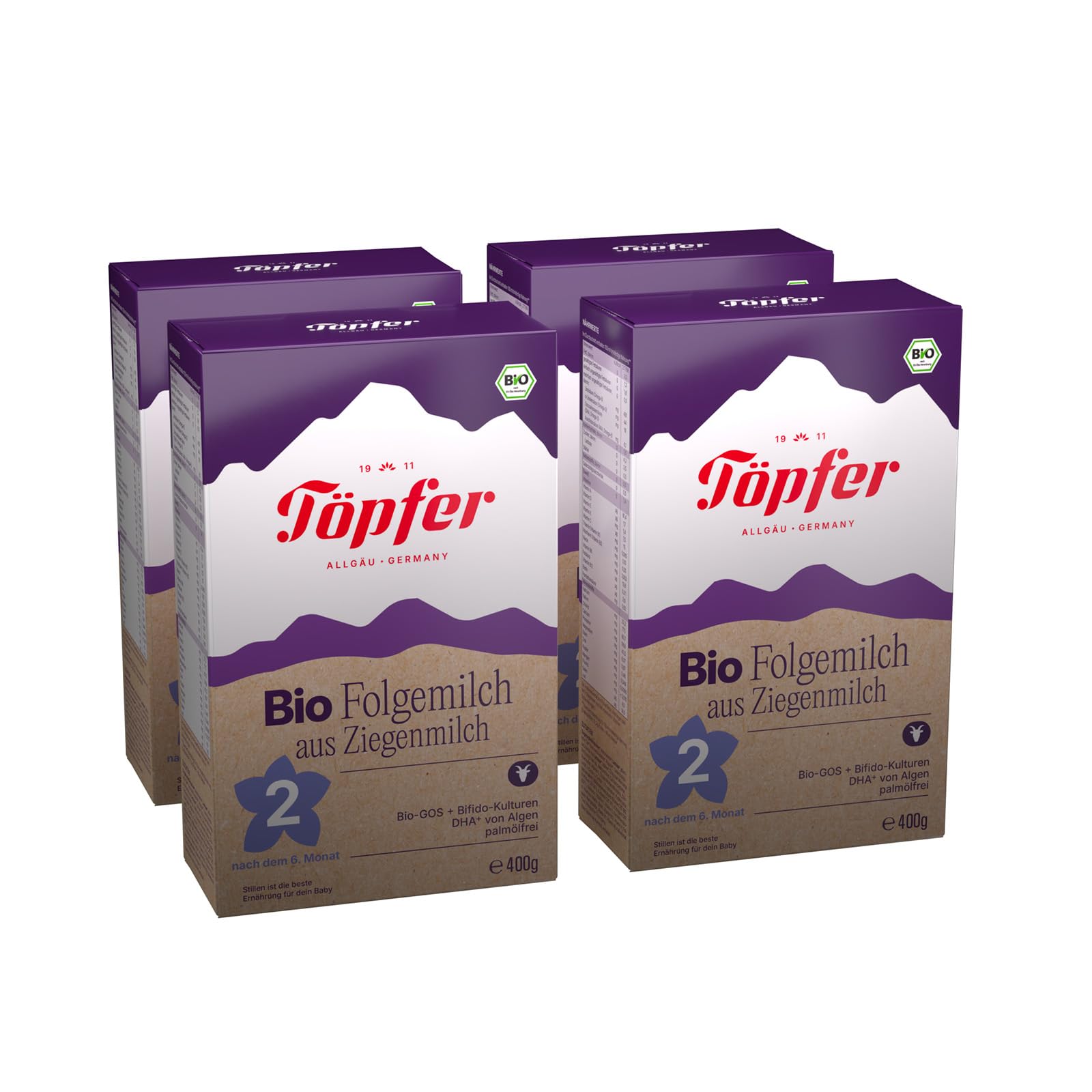 Töpfer Bio Folgemilch 2 aus Ziegenmilch – palmölfrei – Bio-Folgenahrung nach dem 6. Monat – mit Bio-GOS & 4 Bifido-Kulturen – ARA & DHA aus Algenöl – 4x400g