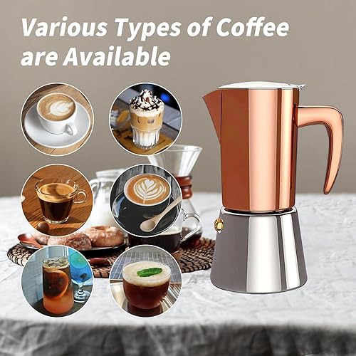 Miniatura 6 de Cafetera de acero inoxidable Moka Pot Espresso Maker 6 tazas (10 oz10.1 fl oz), cafetera italiana para cocinas de gas e inducción, campamento y uso