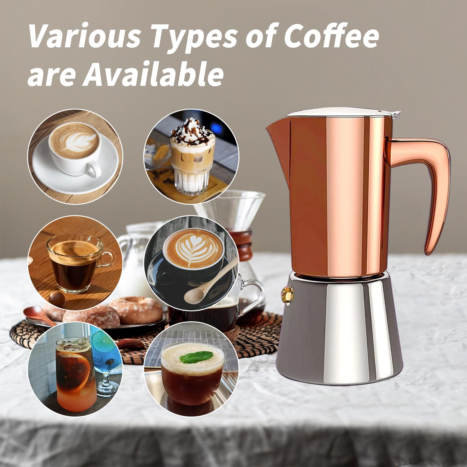 Cafetera italiana para café expreso, cafetera espresso de acero inoxidable para camping o uso doméstico, olla Moka de inducción, 6 tazas (10 onzas/300 ml), color marrón