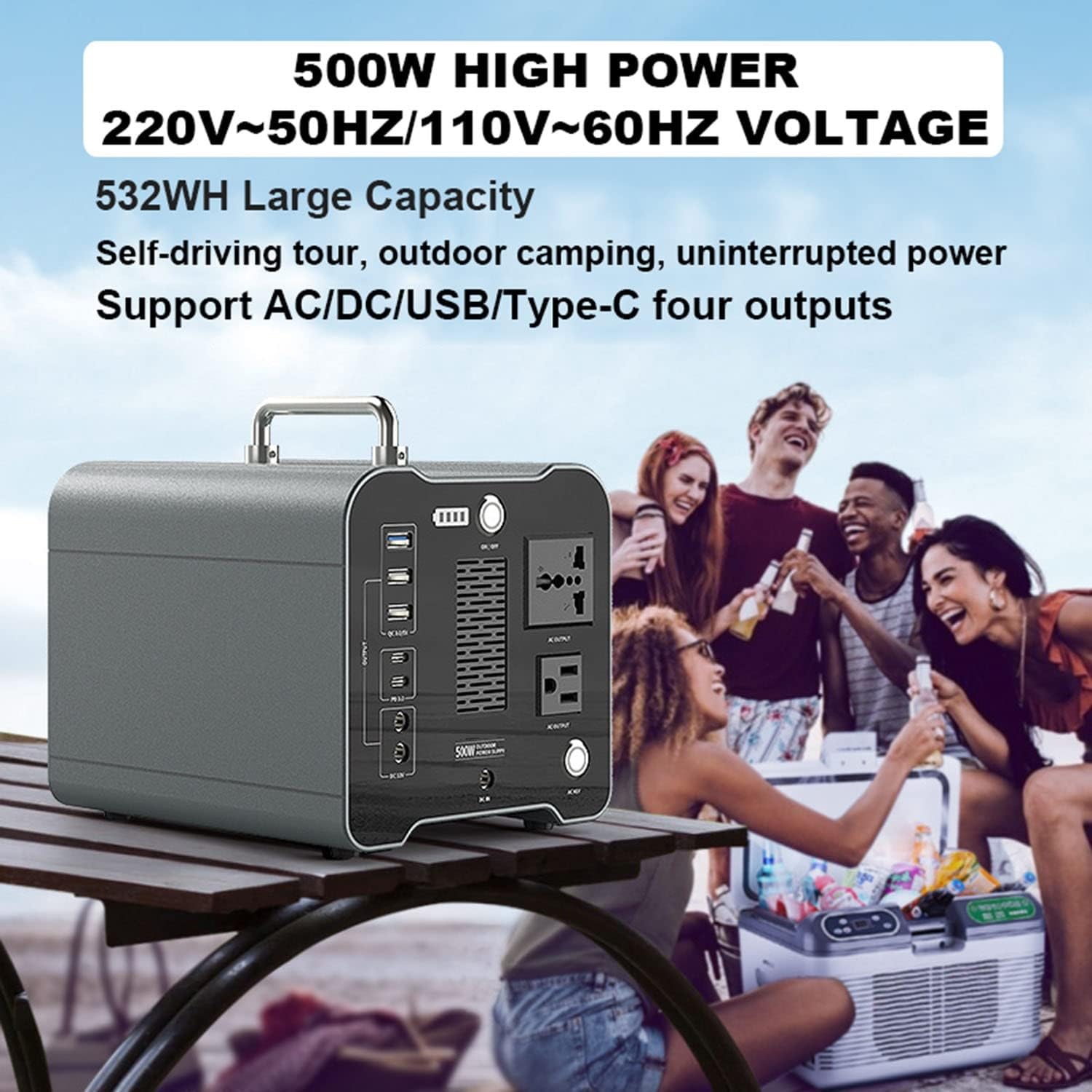 Station d'alimentation portable 144 000 mAh, 2 prises secteur, sortie USB-C PD 60 W, sortie CA 500 W, avec éclairage LED, pour camping-car, maison, extérieur, alimentation de secours (220 V ~ 60 Hz)