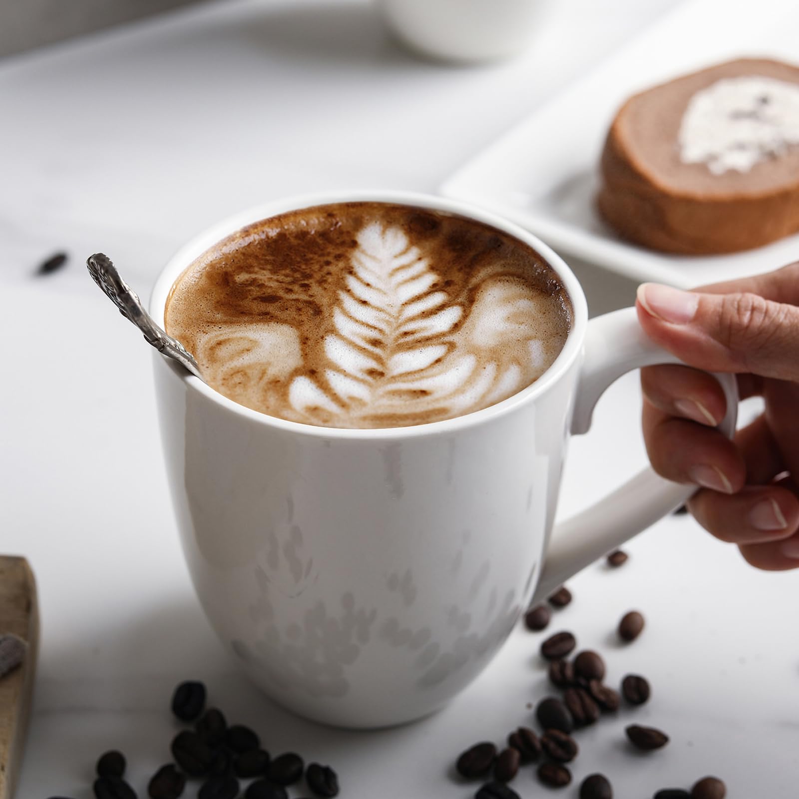 Taza de café blanca de 16 onzas, taza de leche de gran capacidad, taza de cerámica para café, té caliente, taza de capuchino de cacao caliente, apta para microondas y lavavajillas (6 piezas)