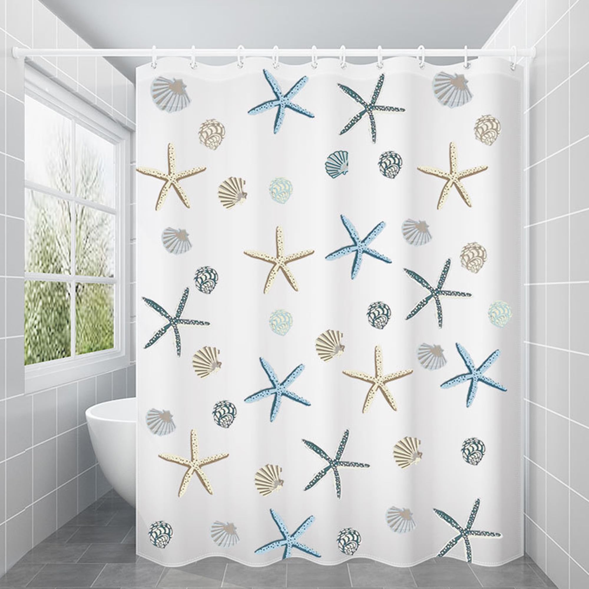 UMAI 7 Feet Peva Shower Opaque Curtain I Sea Shell Printed I 180 X 220Cm I 12 Pcs Hooks Included I Quick Dry I Waterproof I Easy-Slide Curtains I Bath Decor I Multicolour
