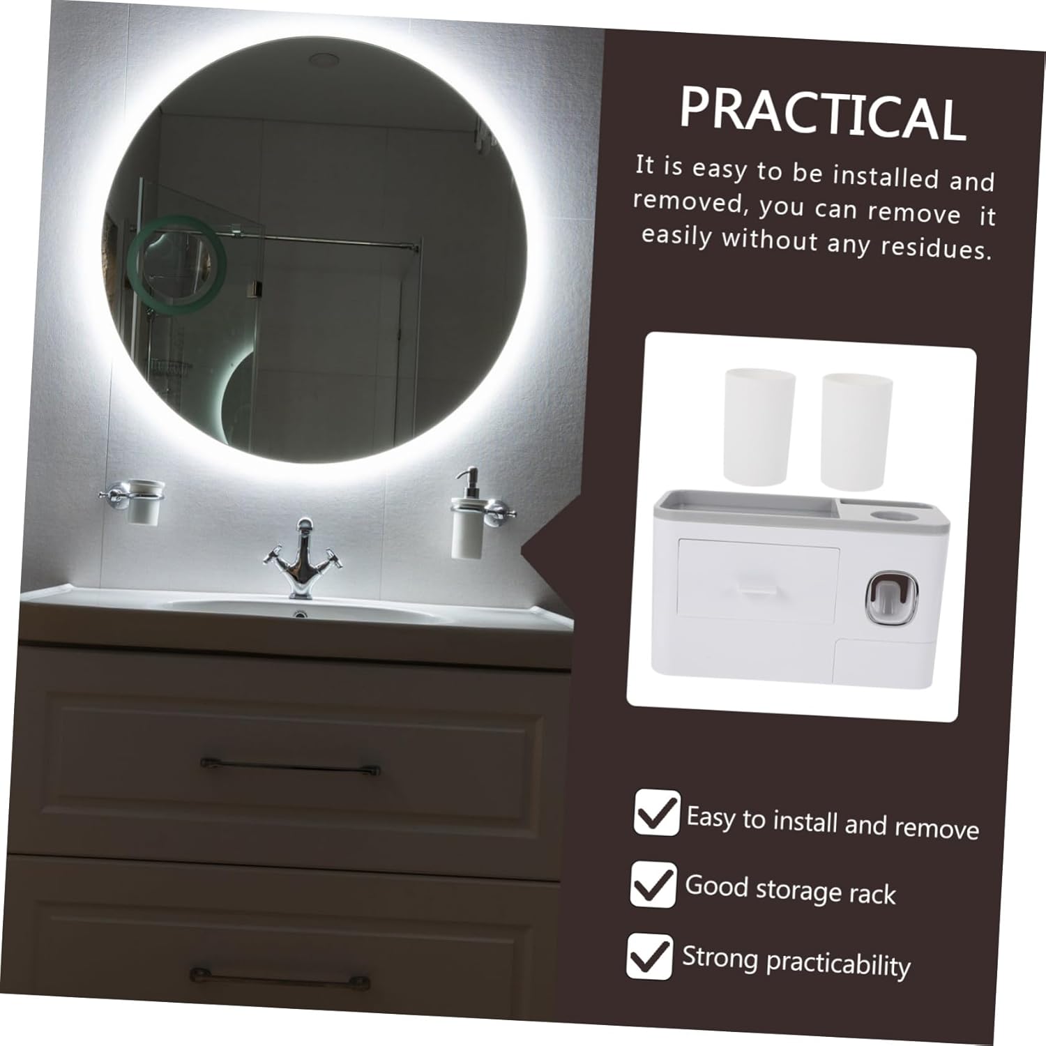 Toothbrush Holder with Cup and Storage Box Wall-Mounted Bathroom Rack with Adhesive Tape Space-Saving Multi-Function Organizer for Adults Automatic Toothpaste Squeezer White