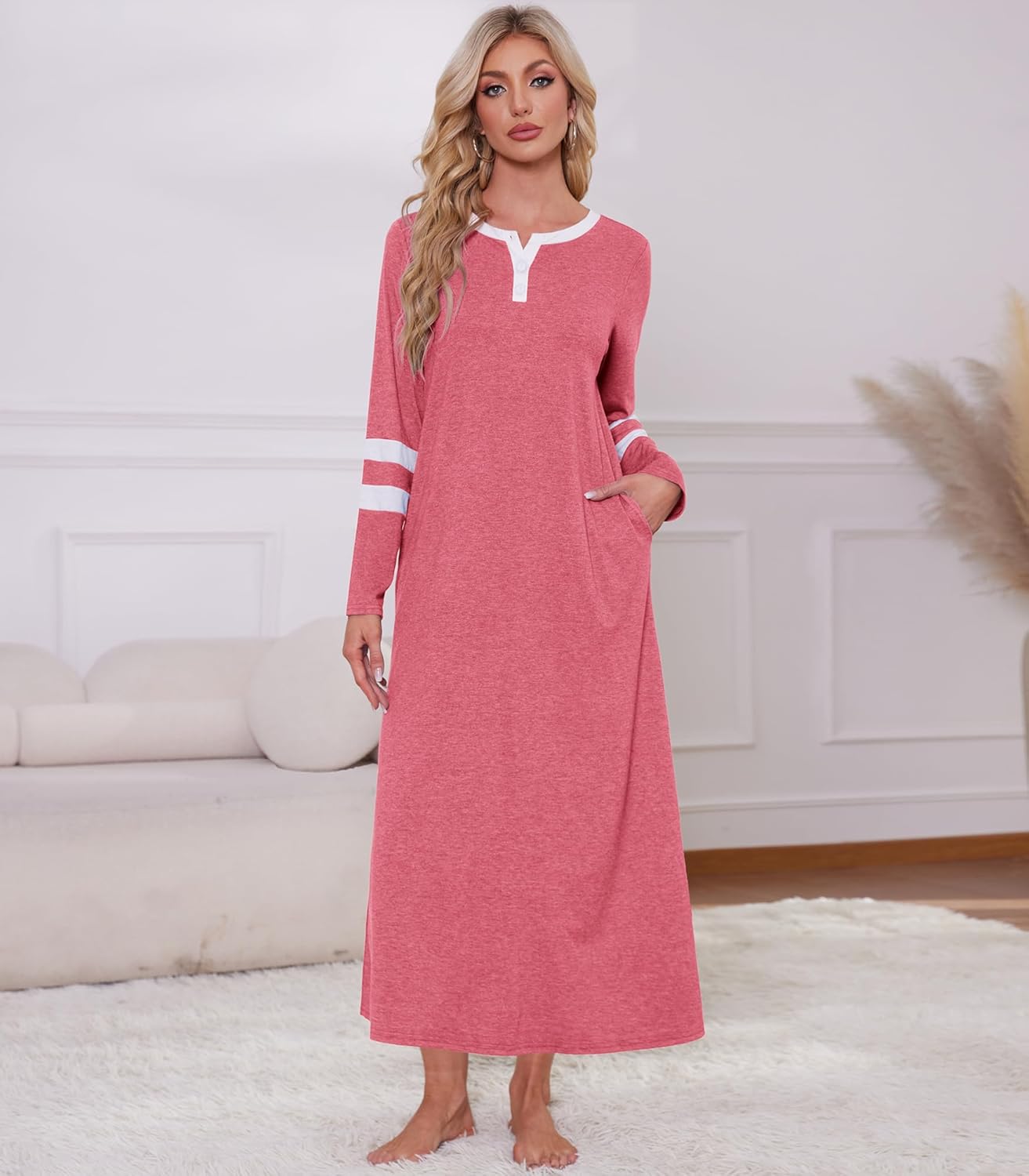 Women Cotton Long Sleeve Nightgowns Soft Button Down Sleep Shirts Full Length Night Shirts Sleepwear with Pockets - Image 2