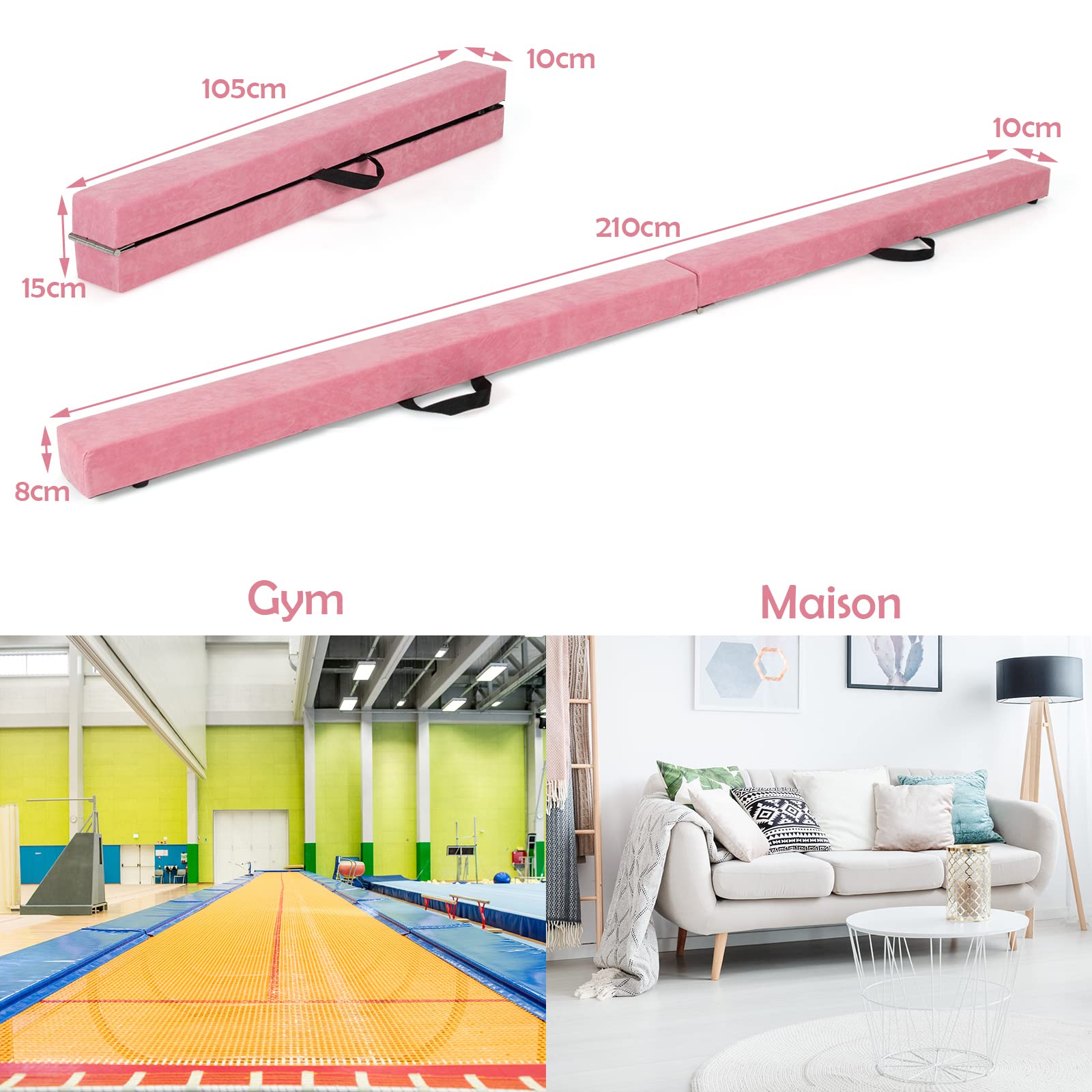GYMAX Poutre Gymnastique pour Enfant, Poutre d'Équilibre Pliable 210CM, Portable, Robuste en Bois Massif, avec Patins Antidérapant & Surface Douce, Transport Facile, pour Danse/Fitness (Rose)