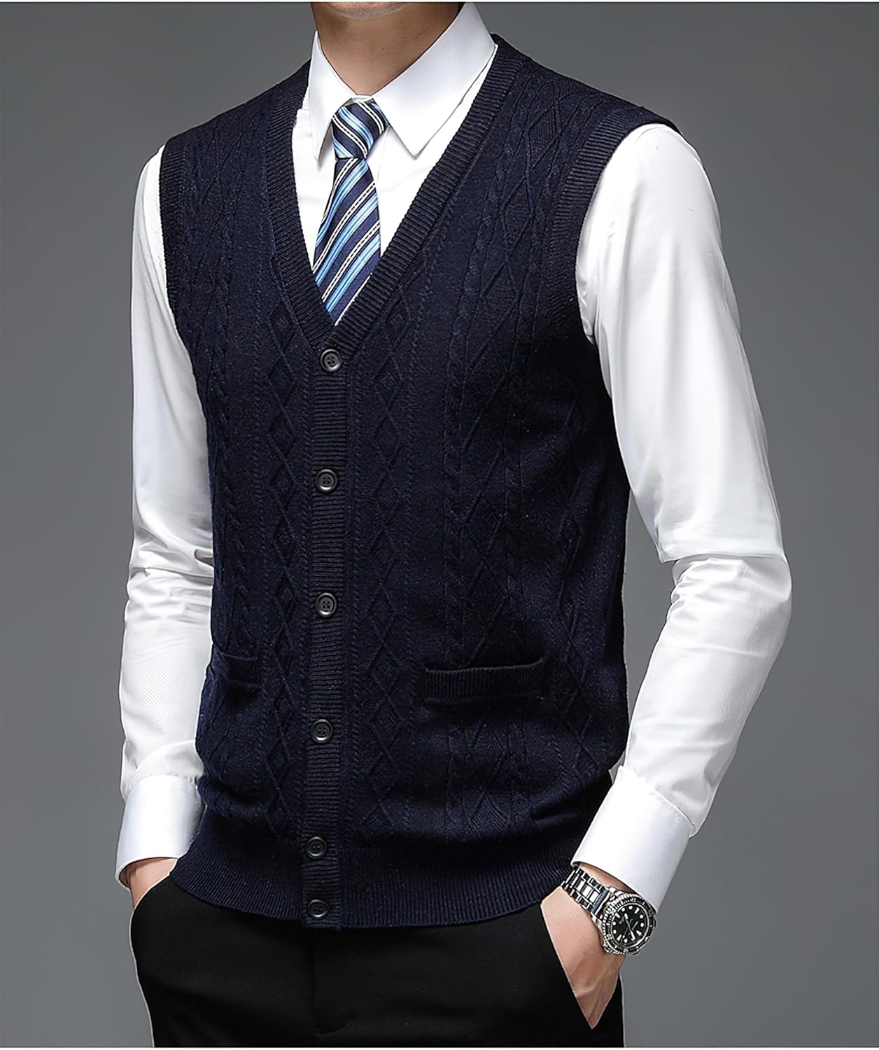 Men's Classic V Neck Wool Blend Sweater Vest Sleeveless Button Front Knit Cardigan Vest with Pocket - Image 2