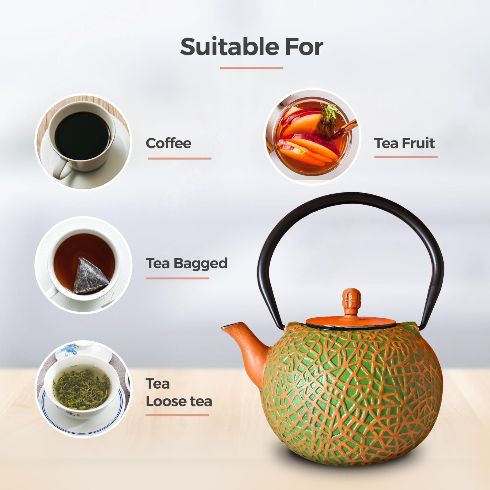 Théière Japonaise Tetsubin en Fonte avec intérieure en émail et infuseur - Orange et Vert 0,8L