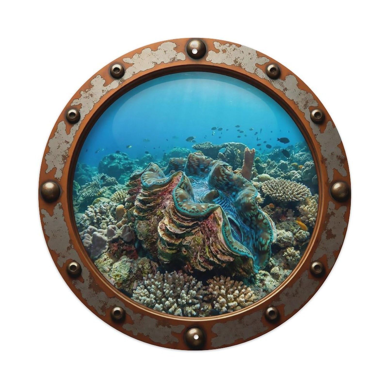 Odgynaw 8X8inch(20X20cm) Vintage Porthole Giant Clam Nautical Window View Metal Tin Sign