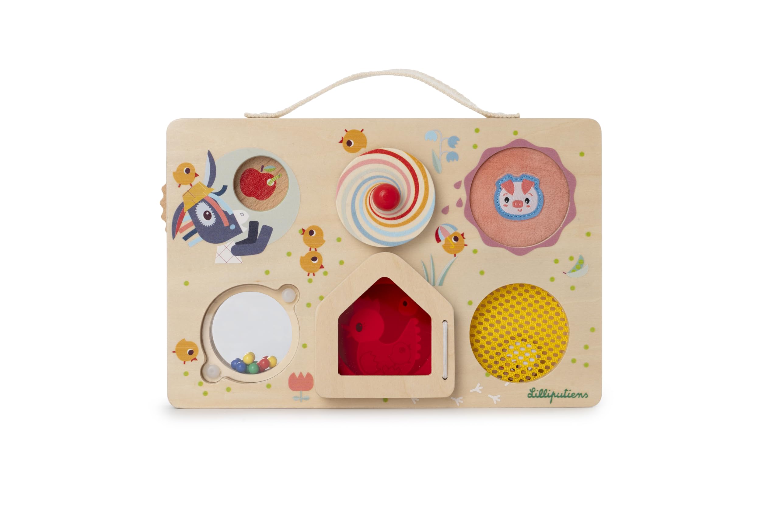 LILLIPUTIENS - Panneau d'Activité Ferme - Busy Board pour Bébé - Pousse, Tire, Tourne et Glisse pour des Aventures à la Ferme - Valisette Pratique à Transporter - Dès 18 Mois - 83508
